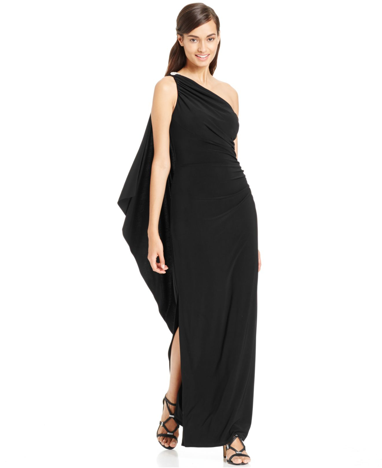 Betsy & adam Petite Embellished One-shoulder Cape Gown in Black | Lyst