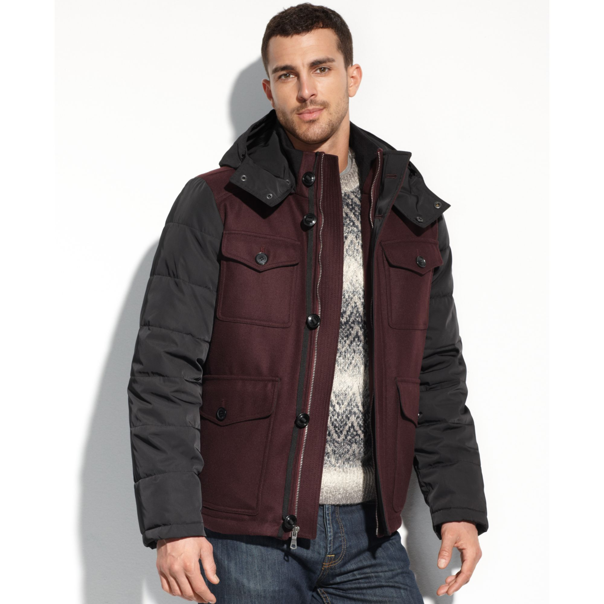 Tommy hilfiger Mixed Media Hooded Puffer Coat in Purple for Men Lyst