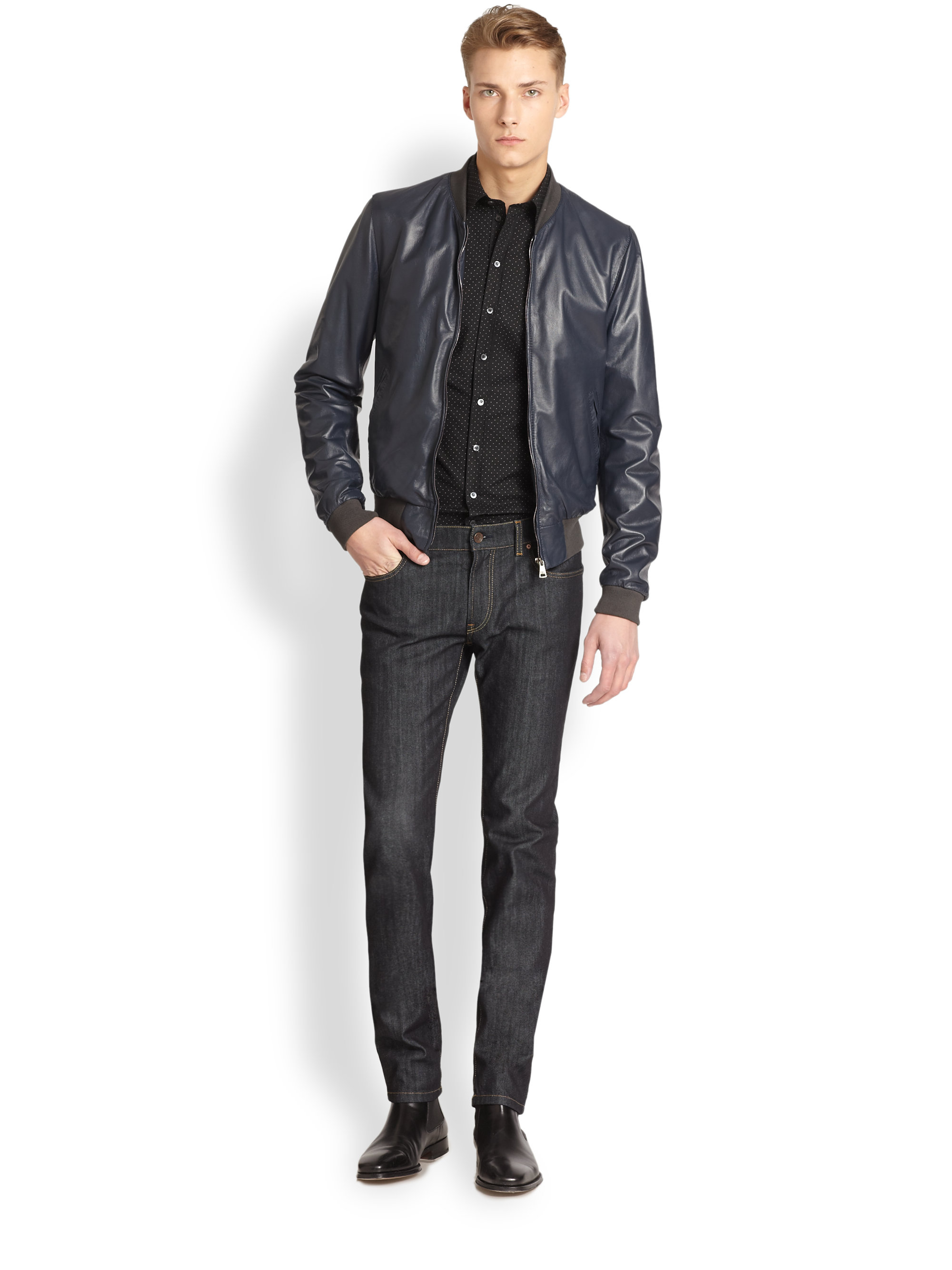 Lyst - Dolce & Gabbana Leather Bomber Jacket in Blue for Men