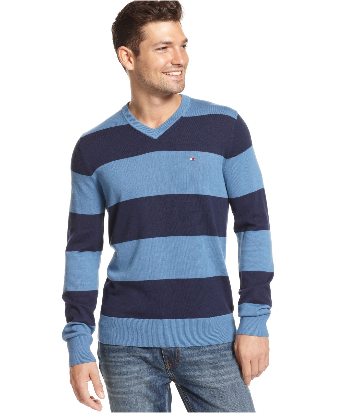 Tommy hilfiger Signature Rugby V-Neck Sweater in Blue for Men (Mainsail ...