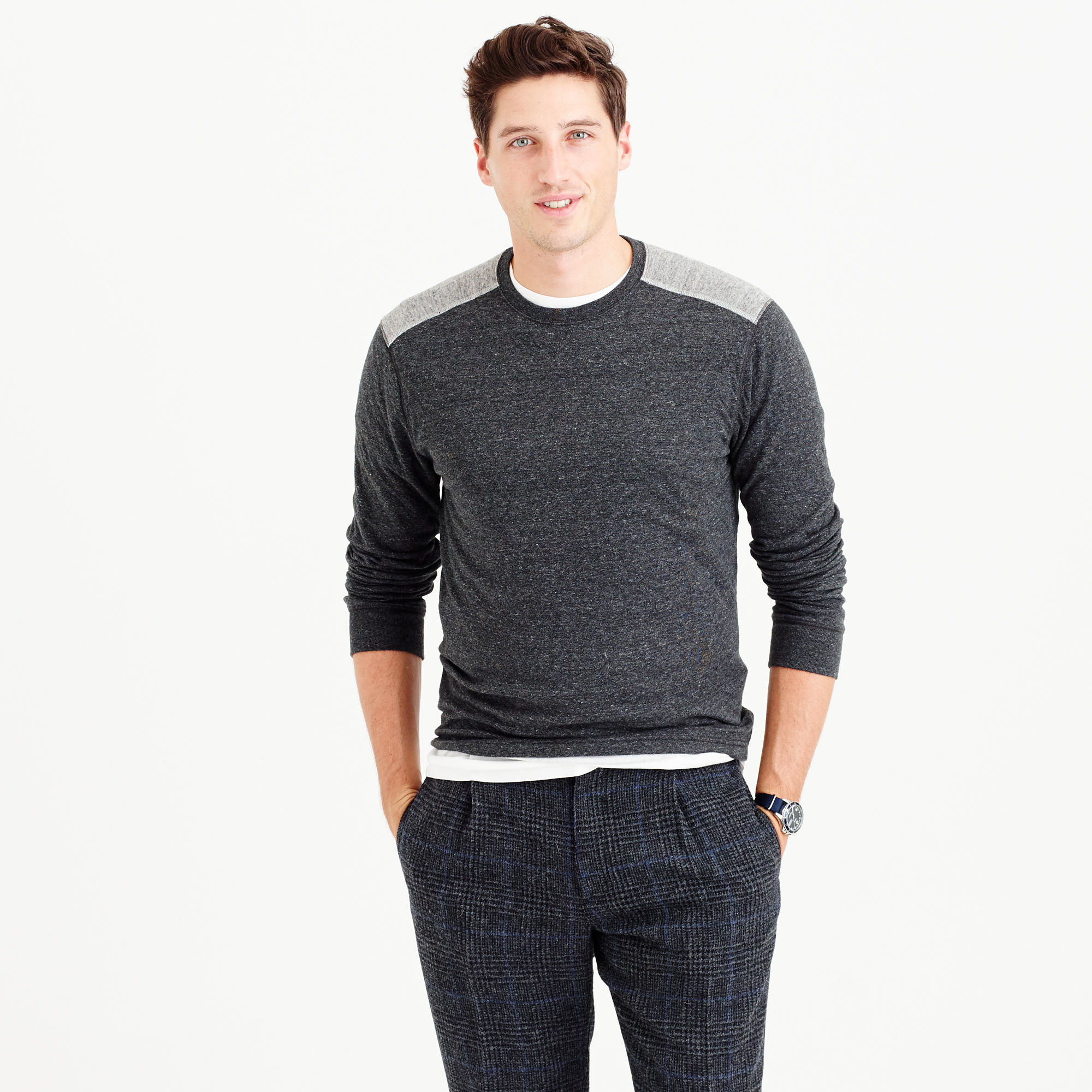 J.crew Double-knit T-shirt With Shoulder Patches in Gray for Men | Lyst