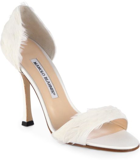 Manolo Blahnik Catalina D'Orsay Satin & Feather Pumps in White | Lyst