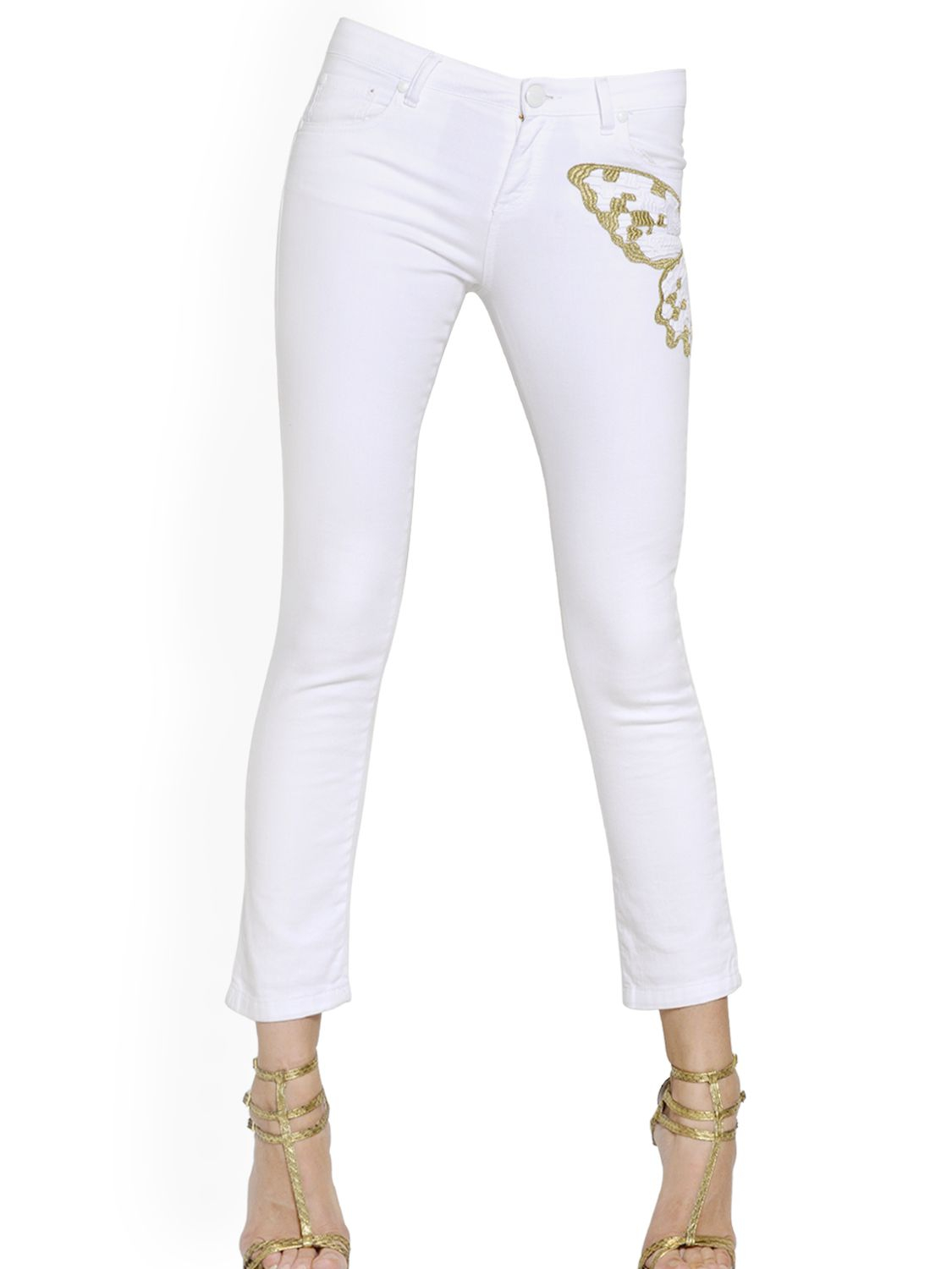 Lyst - Blumarine Butterfly Embroidered Cotton Denim Jeans in White