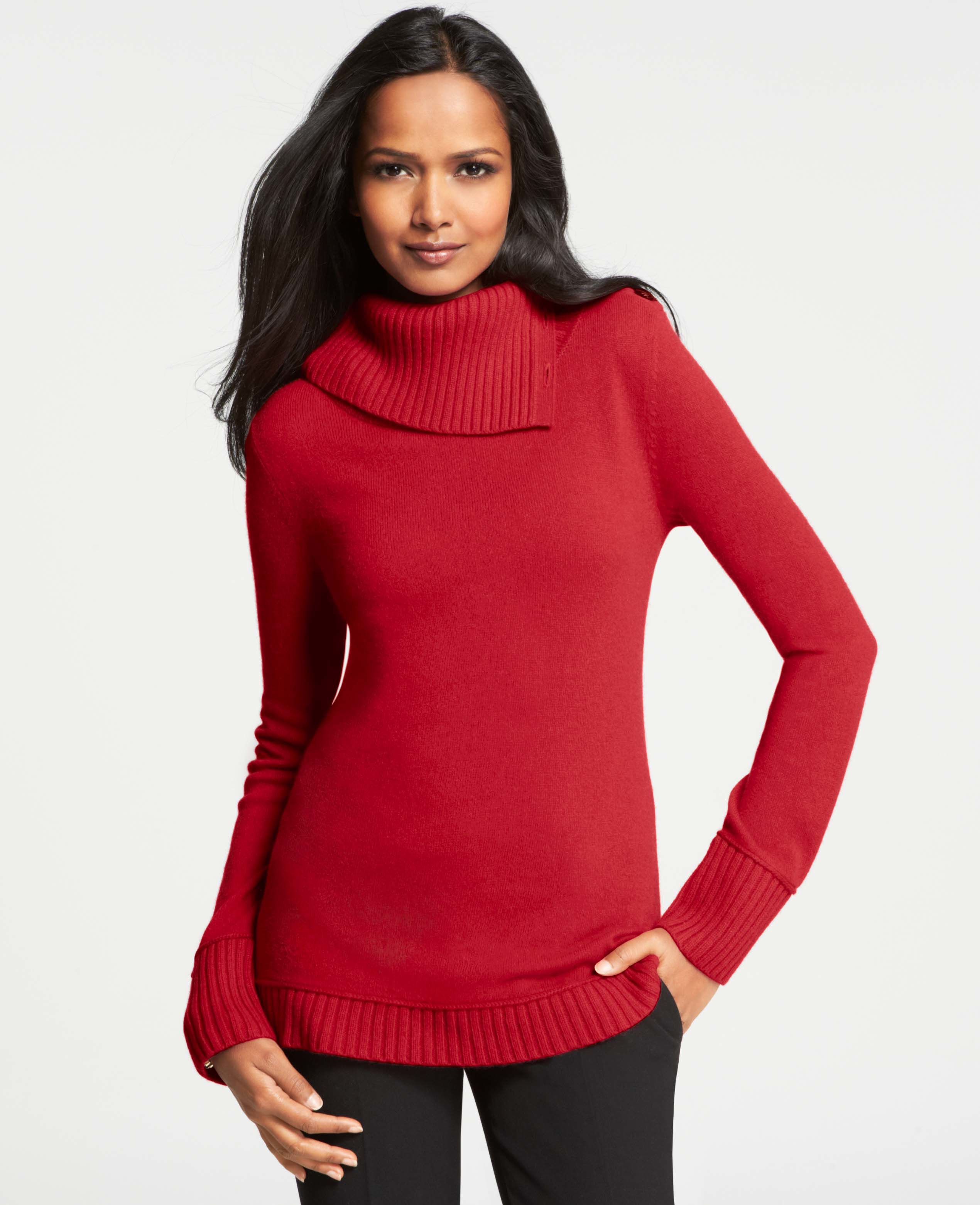 Ann taylor Petite Cashmere Asymmetrical Collar Sweater in Red | Lyst