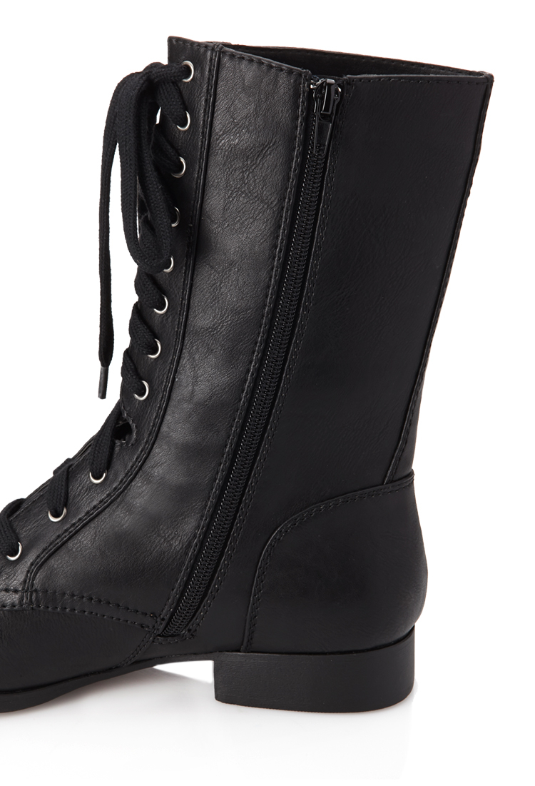 black faux leather lace up chunky boots