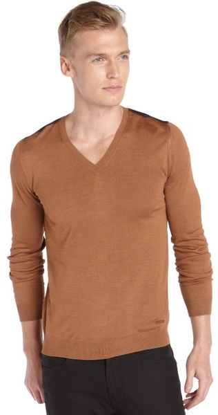 Gucci Tobacco Silk Striped Shoulder V-neck Sweater in Brown for Men ...
