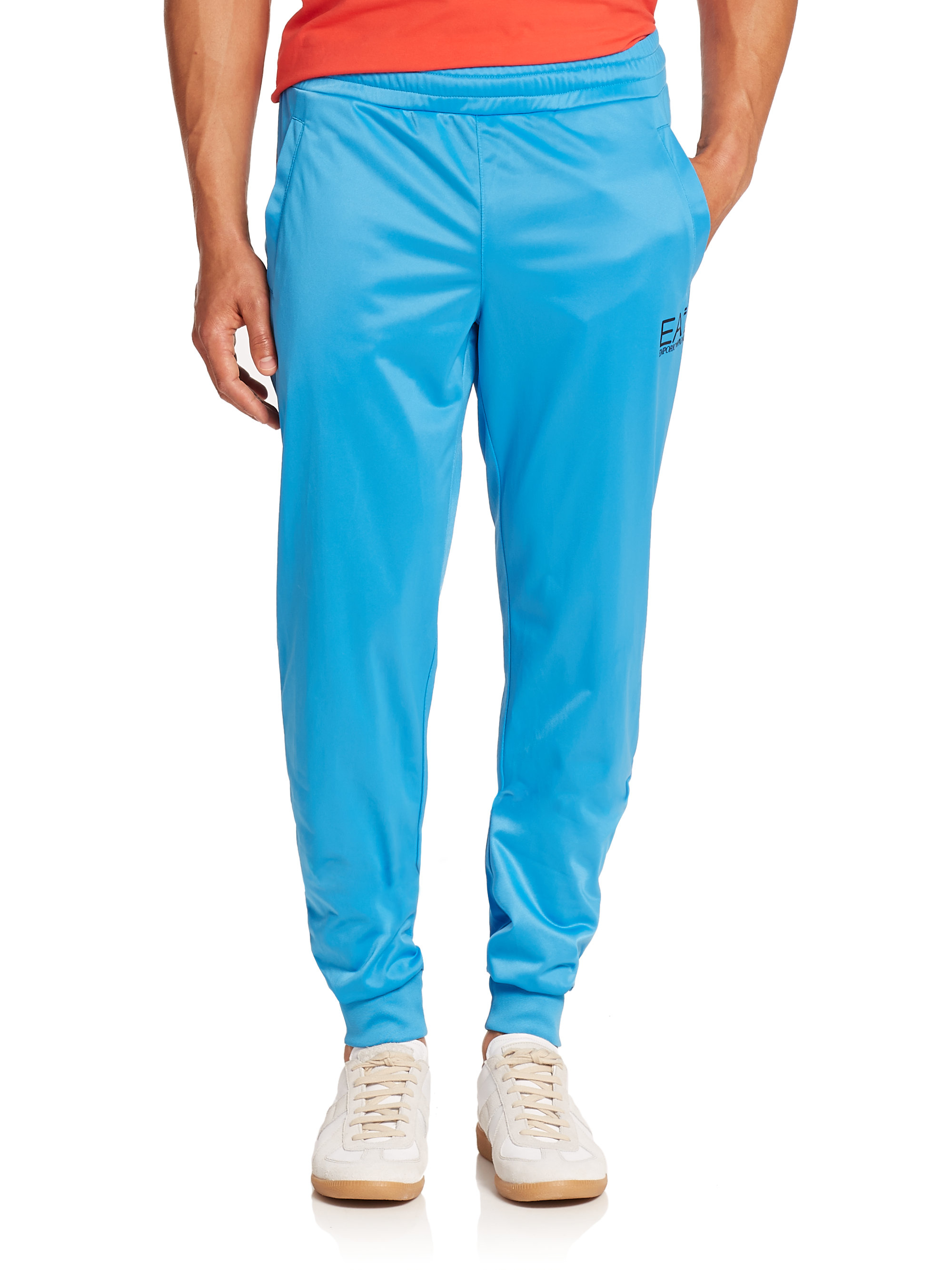 blue track pants white stripe