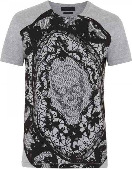 Alexander Mcqueen Lace and Skull Print Cotton Tshirt in Gray for Men ...