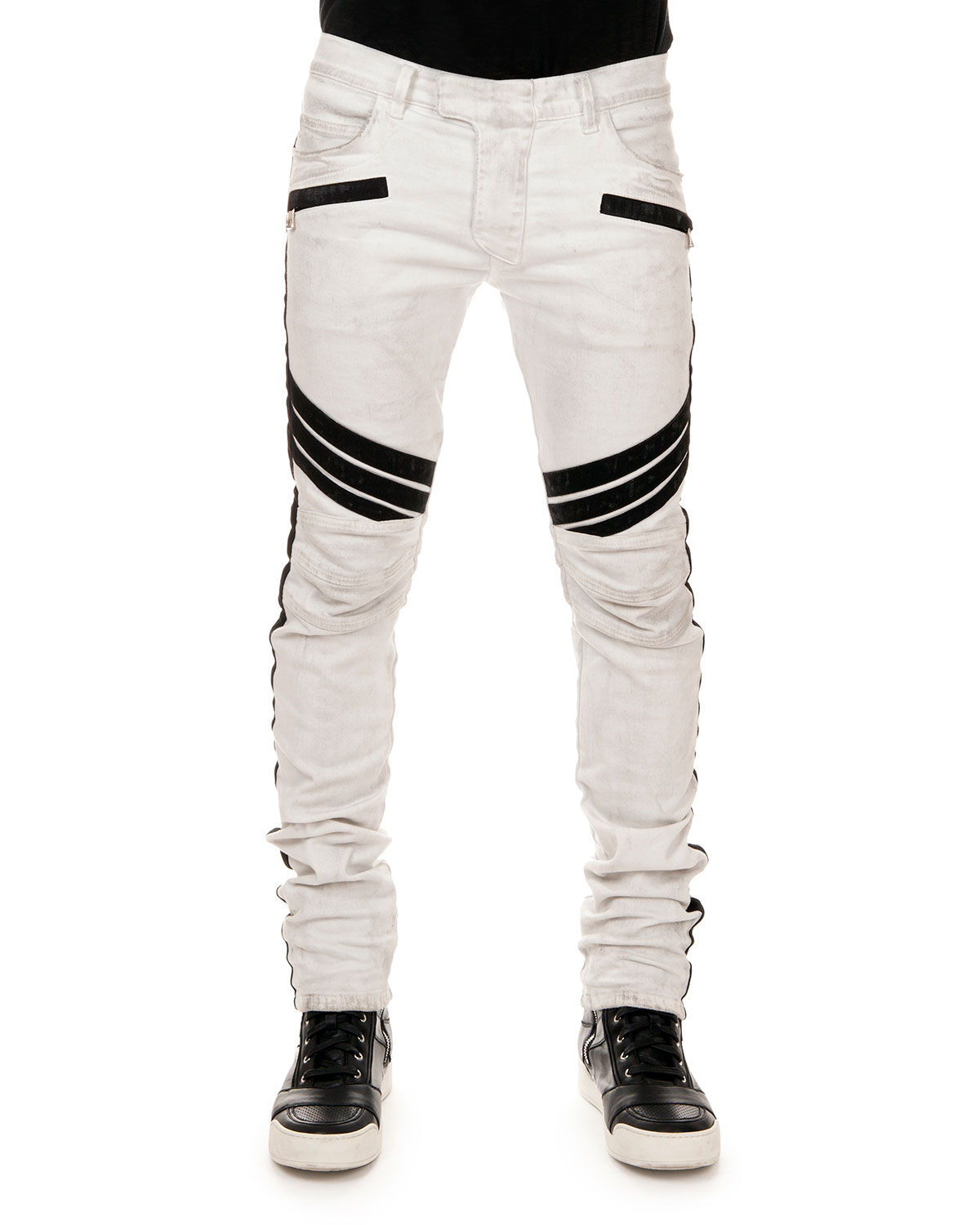 Balmain Stripe-Detail Biker Jeans in White for Men | Lyst