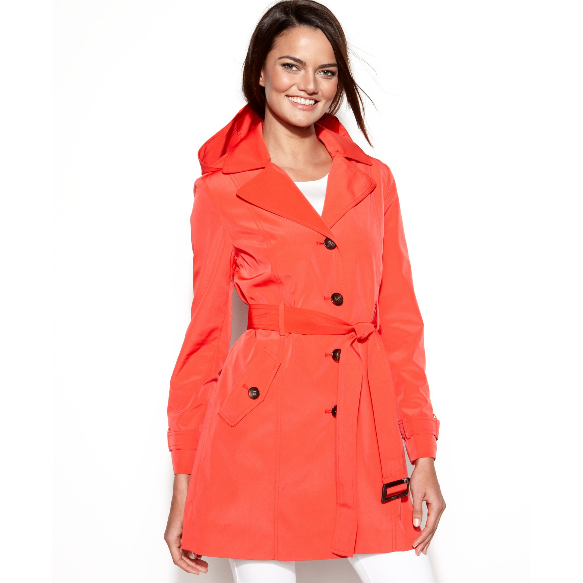 Calvin klein Hooded Trench Coat in Red | Lyst