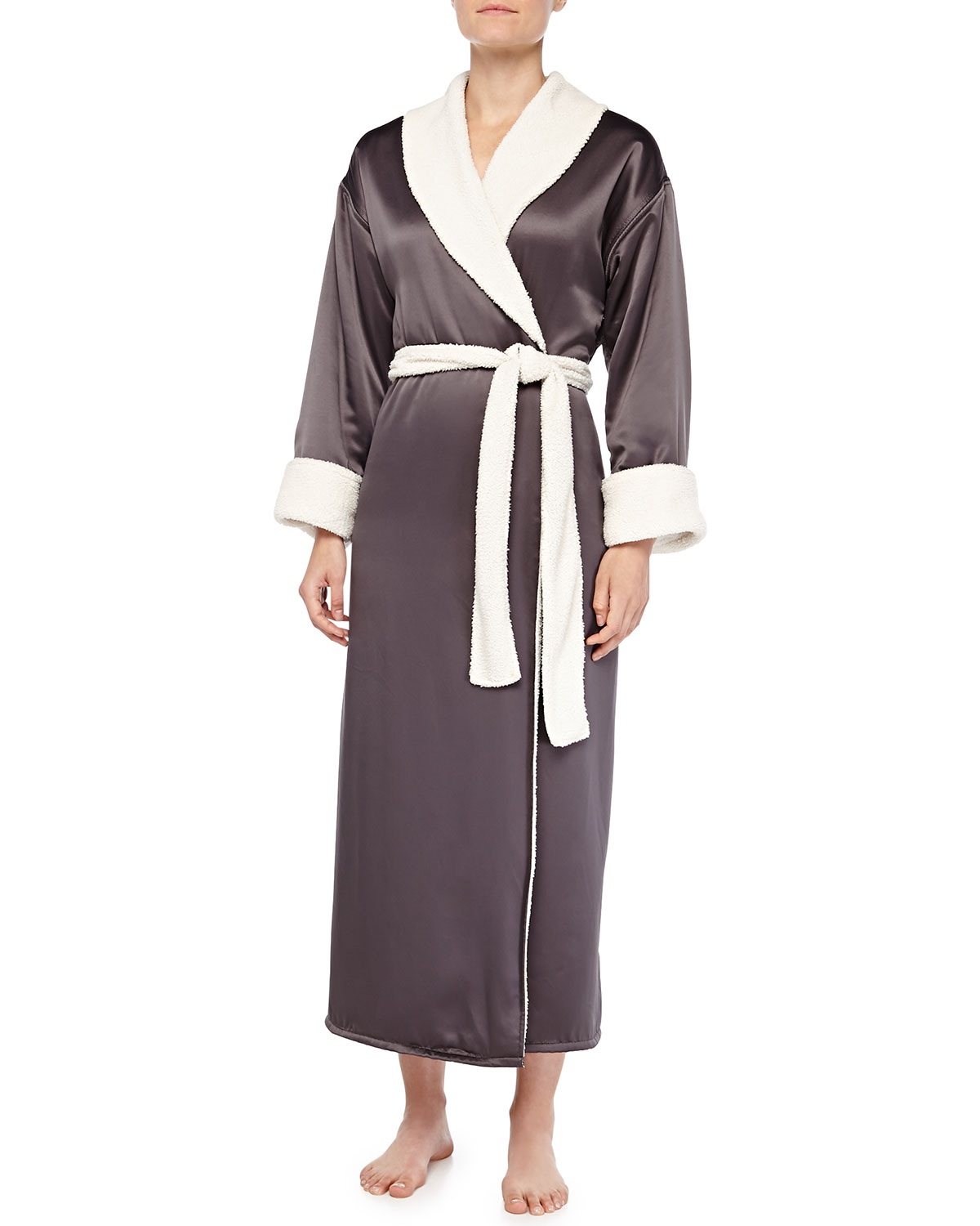 Natori FauxSherpa Lined Charmeuse Long Robe in Gray Lyst
