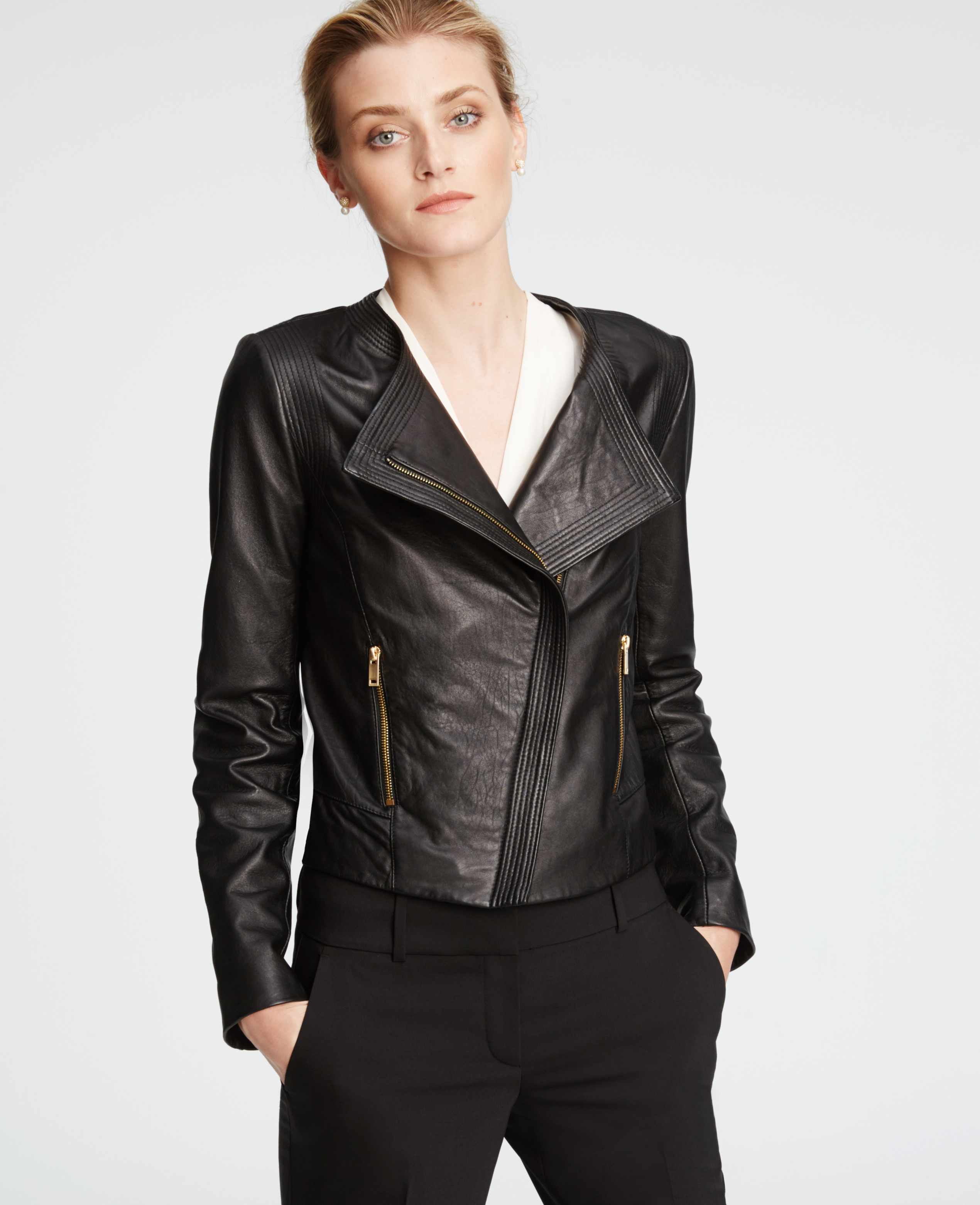 Ann taylor Petite Leather Moto Jacket in Black Lyst