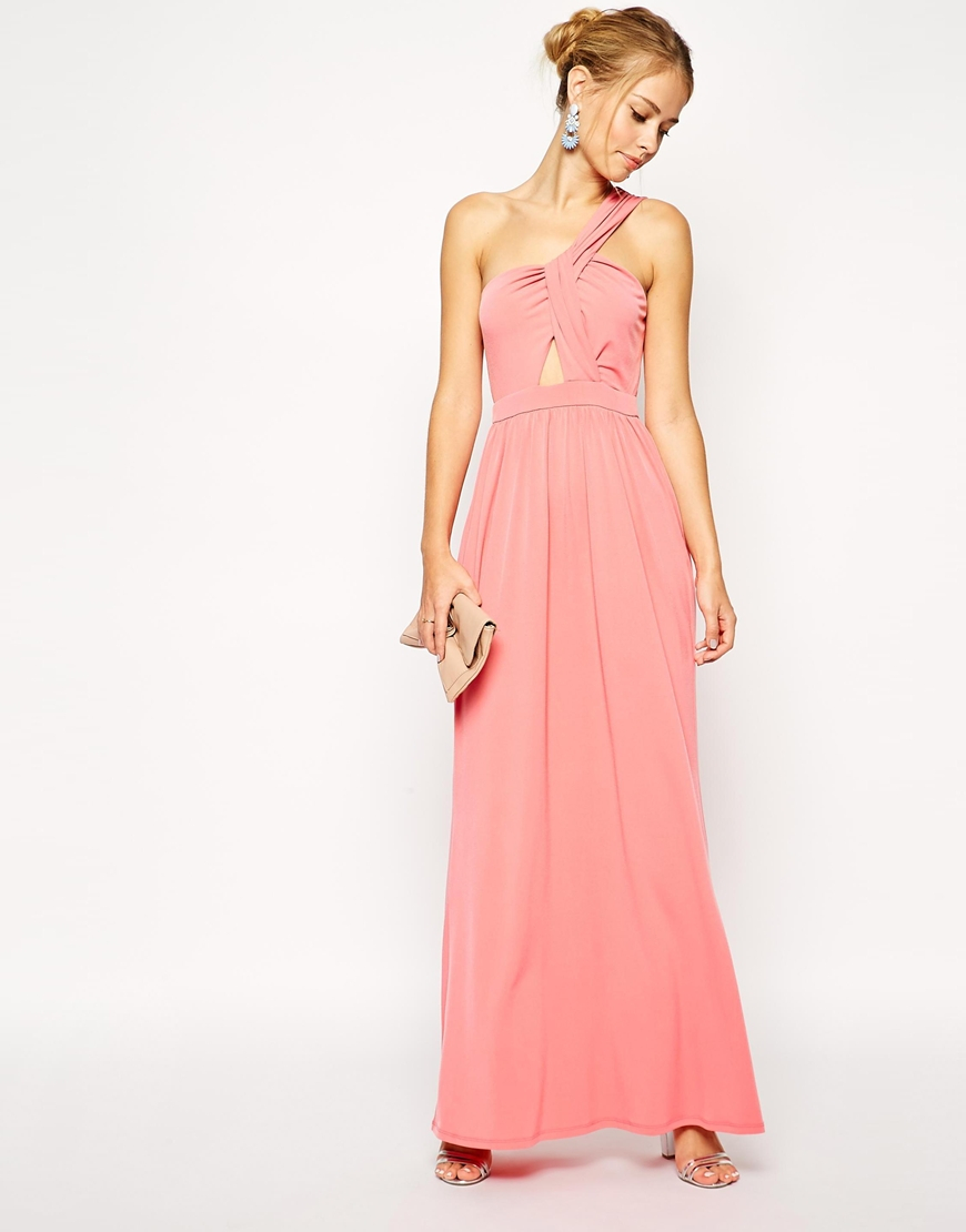Asos One Shoulder Fold Over Maxi Dress in Pink | Lyst