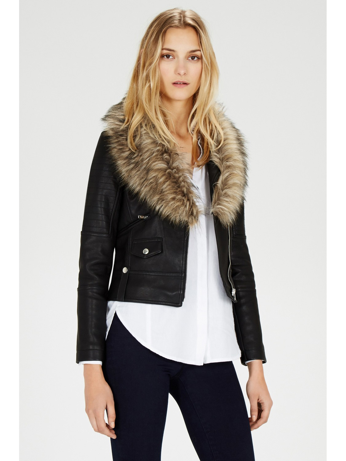 Warehouse Luxe Faux Fur Trim Biker Jacket In Black Lyst Gallery Women S Cropped Leather Jackets