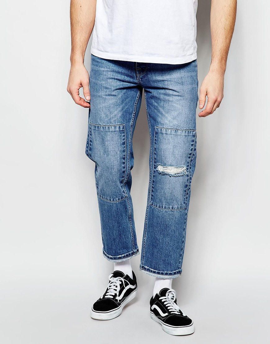 Asos Straight Jeans In Cropped Length With Patches in Blue for Men | Lyst