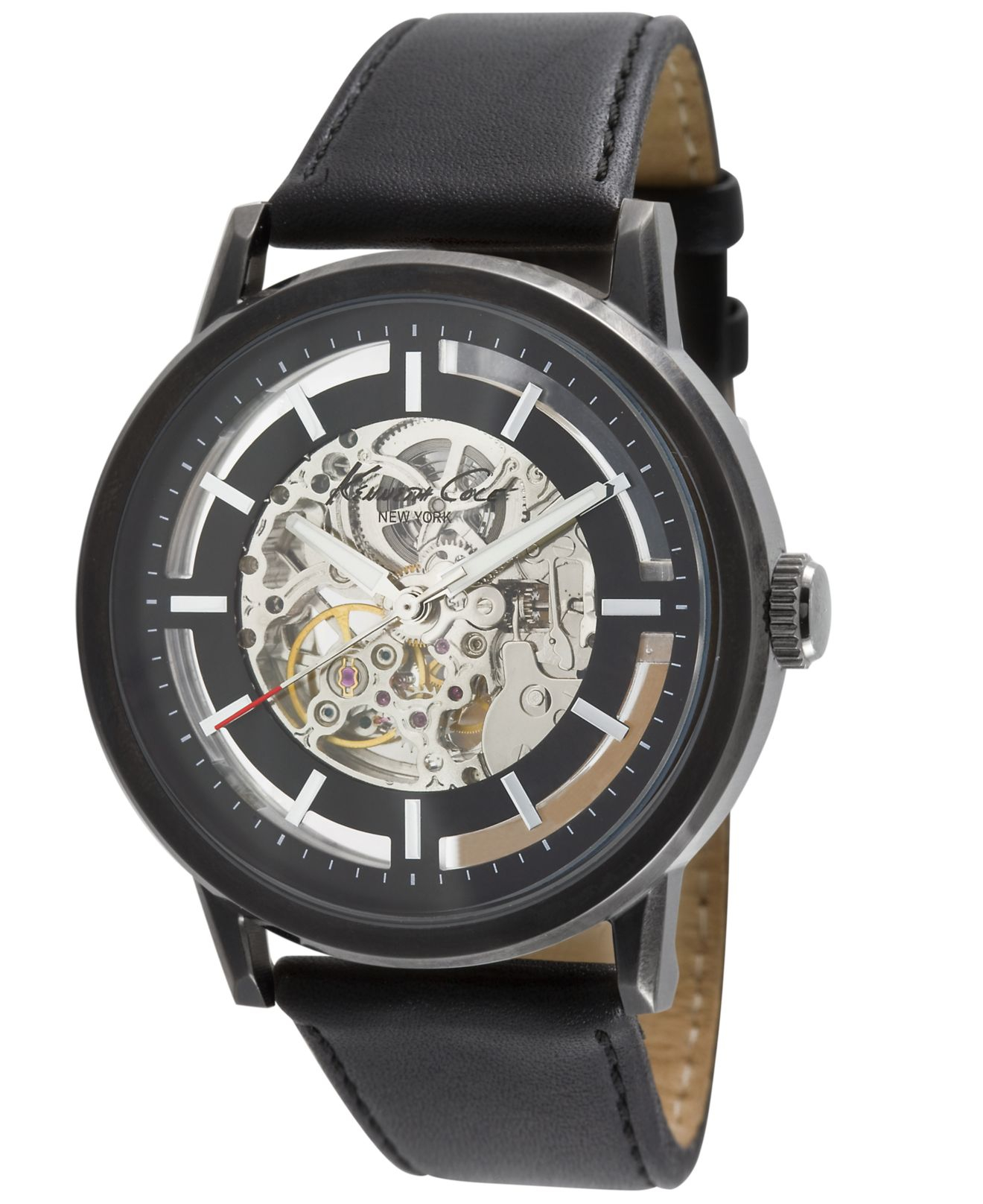 cole Watch, Men's Automatic Skeleton Dial Black Leather Strap