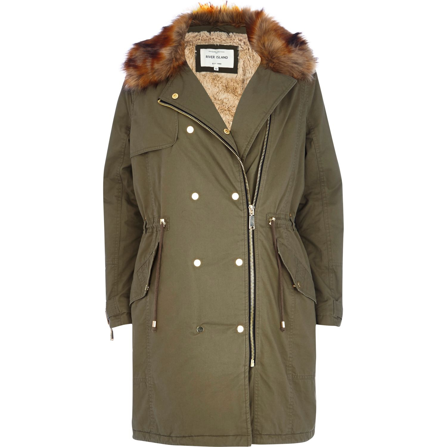 Khaki Faux Fur Front Parka Jacket River Island Khaki Faux Fur Front Parka Jacket River Island