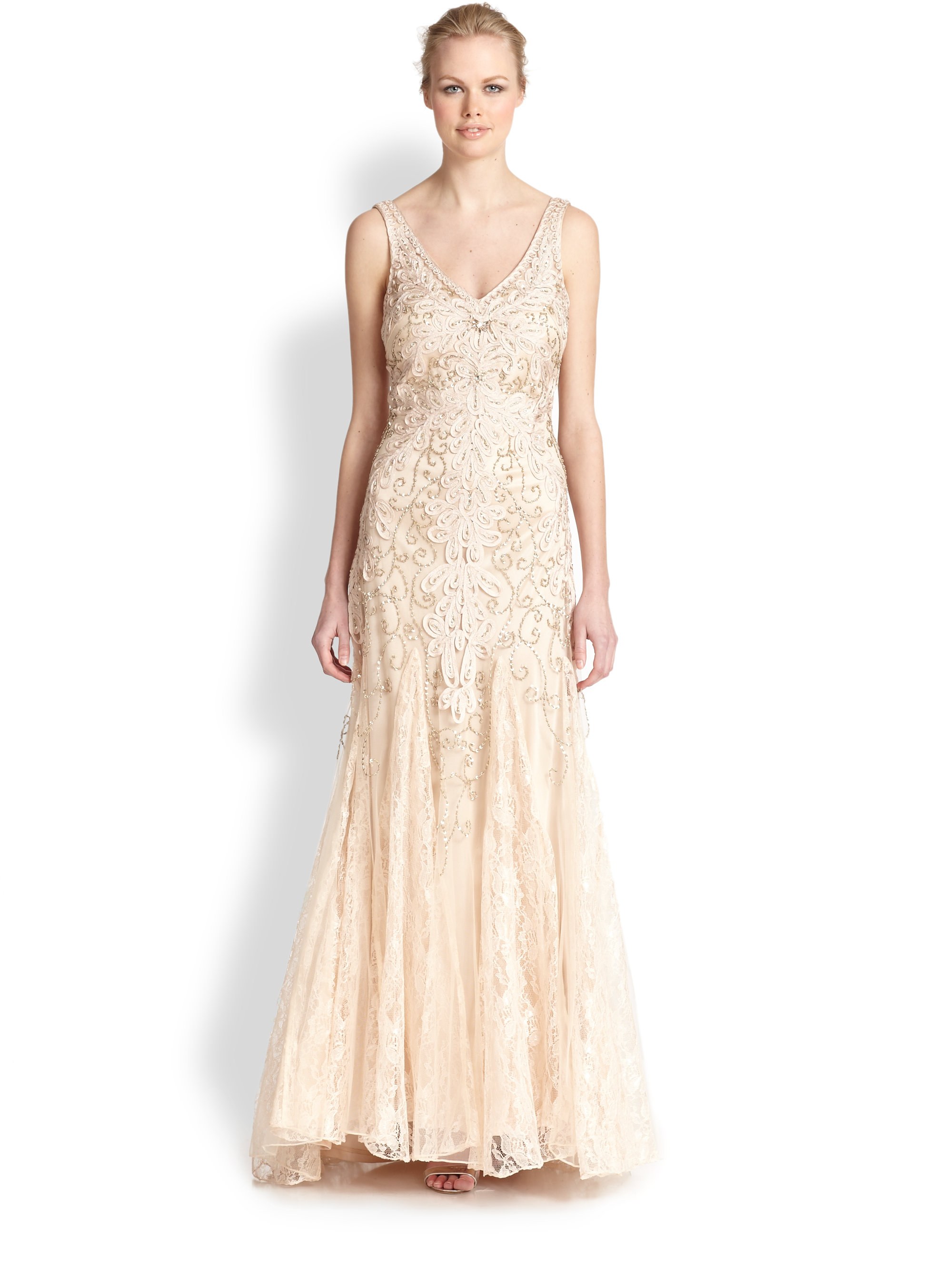 Lyst Sue Wong Embroidered V Neck Chiffon Gown In Natural Gallery