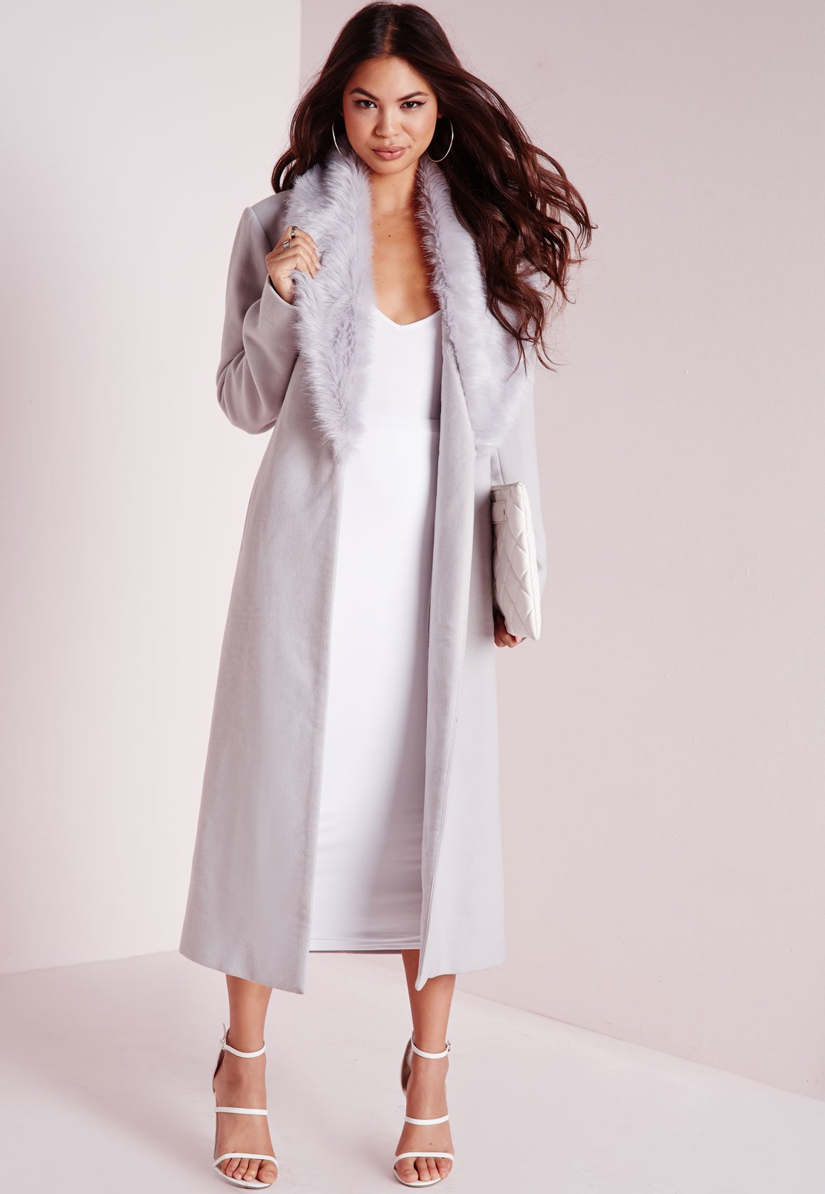 Lyst Missguided Longline Faux Wool Coat With Faux Fur Collar Grey In Gray