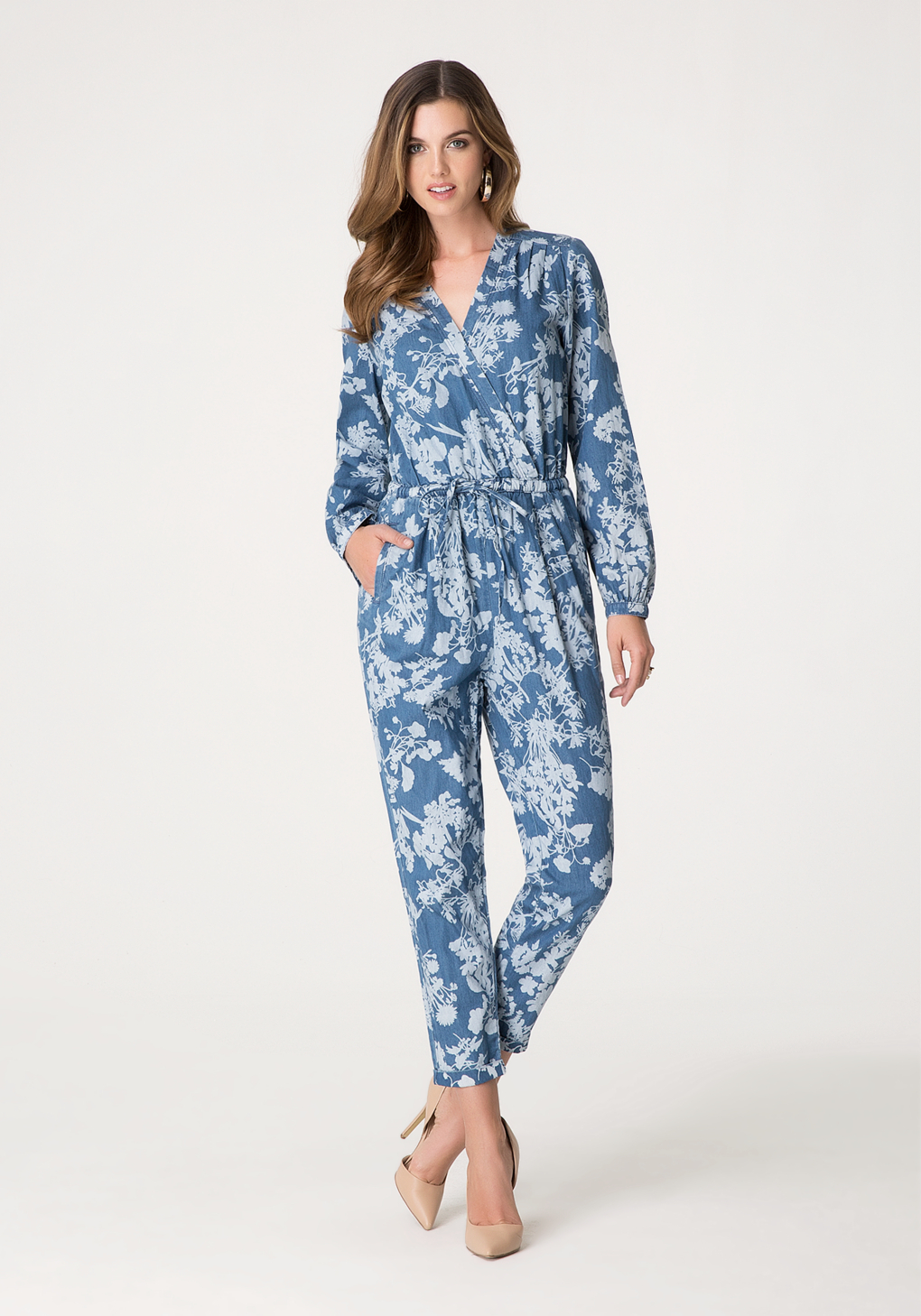 bebe fair play wash print denim jumpsuit blue product 0 039866281 normal