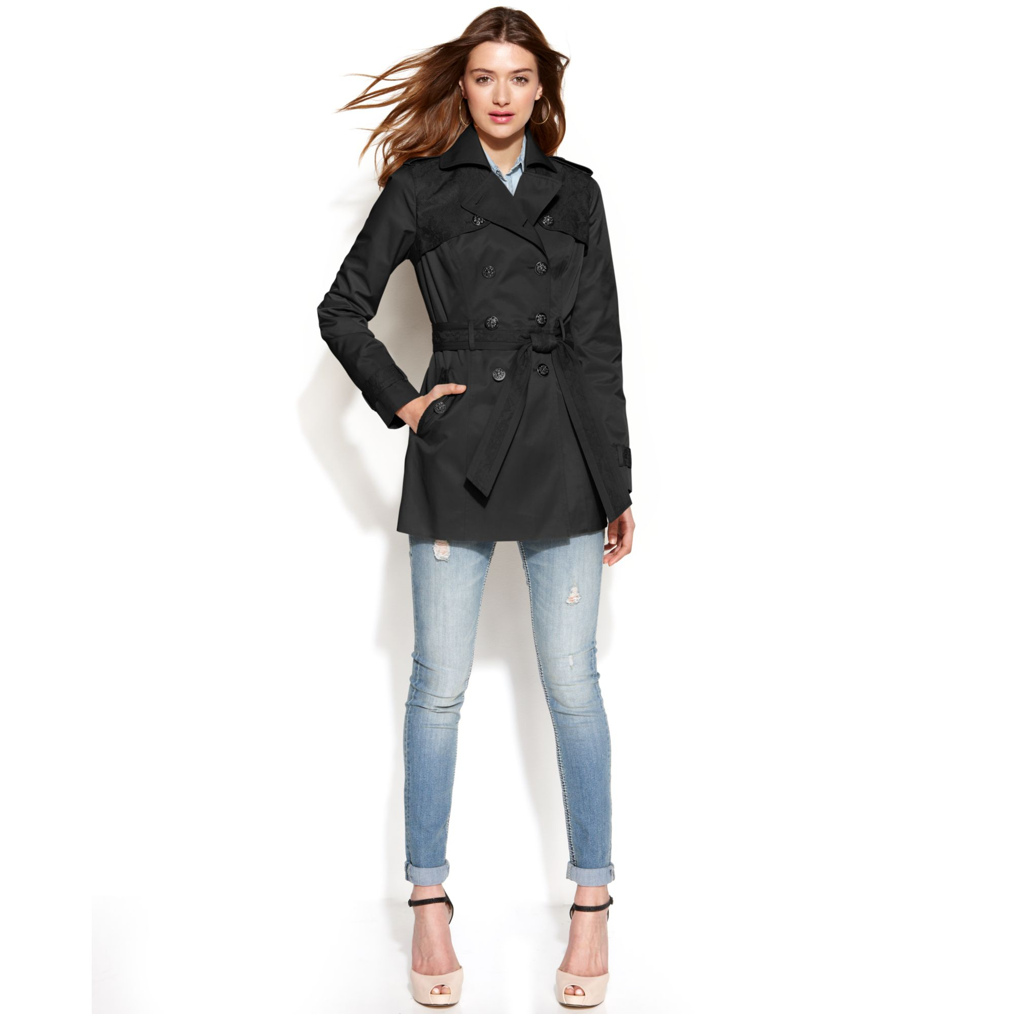 Jessica simpson Doublebreasted Lacetrim Trench Coat in Black | Lyst