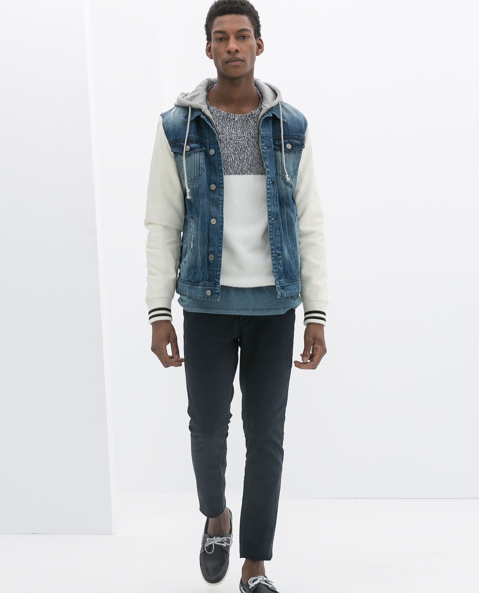 Zara Blue Denim Jacket With Faux Leather Sleeves And Hood Modern Zara Blue Denim Jacket With Faux Leather Sleeves And Hood
