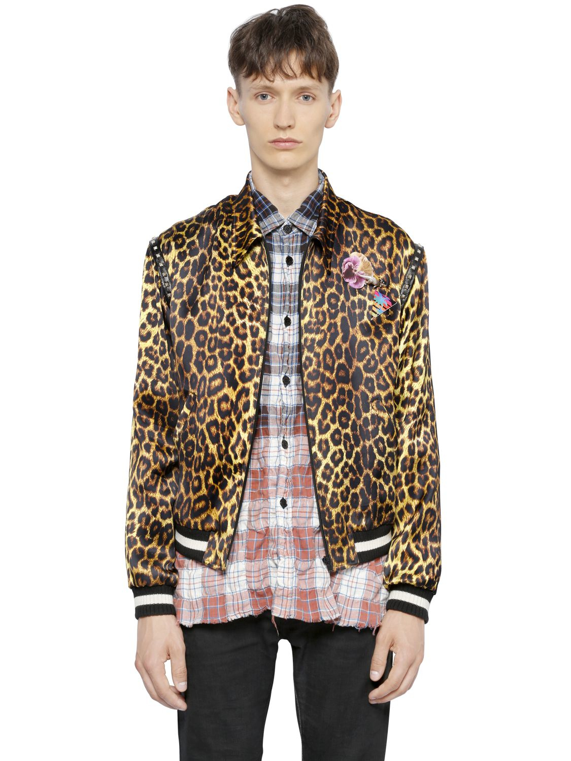 Saint laurent Leopard-print Satin Harrington Jacket in Multicolor for ...