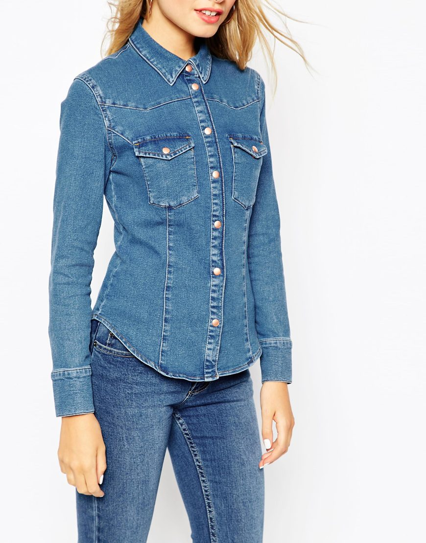Asos Denim Fitted Western Shirt In Mid Wash Blue in Blue | Lyst