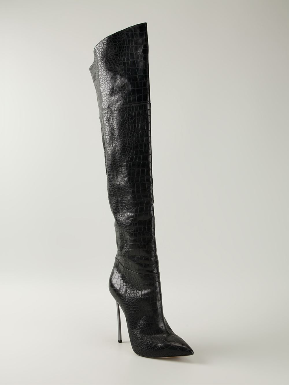 black knee high boots with silver heel