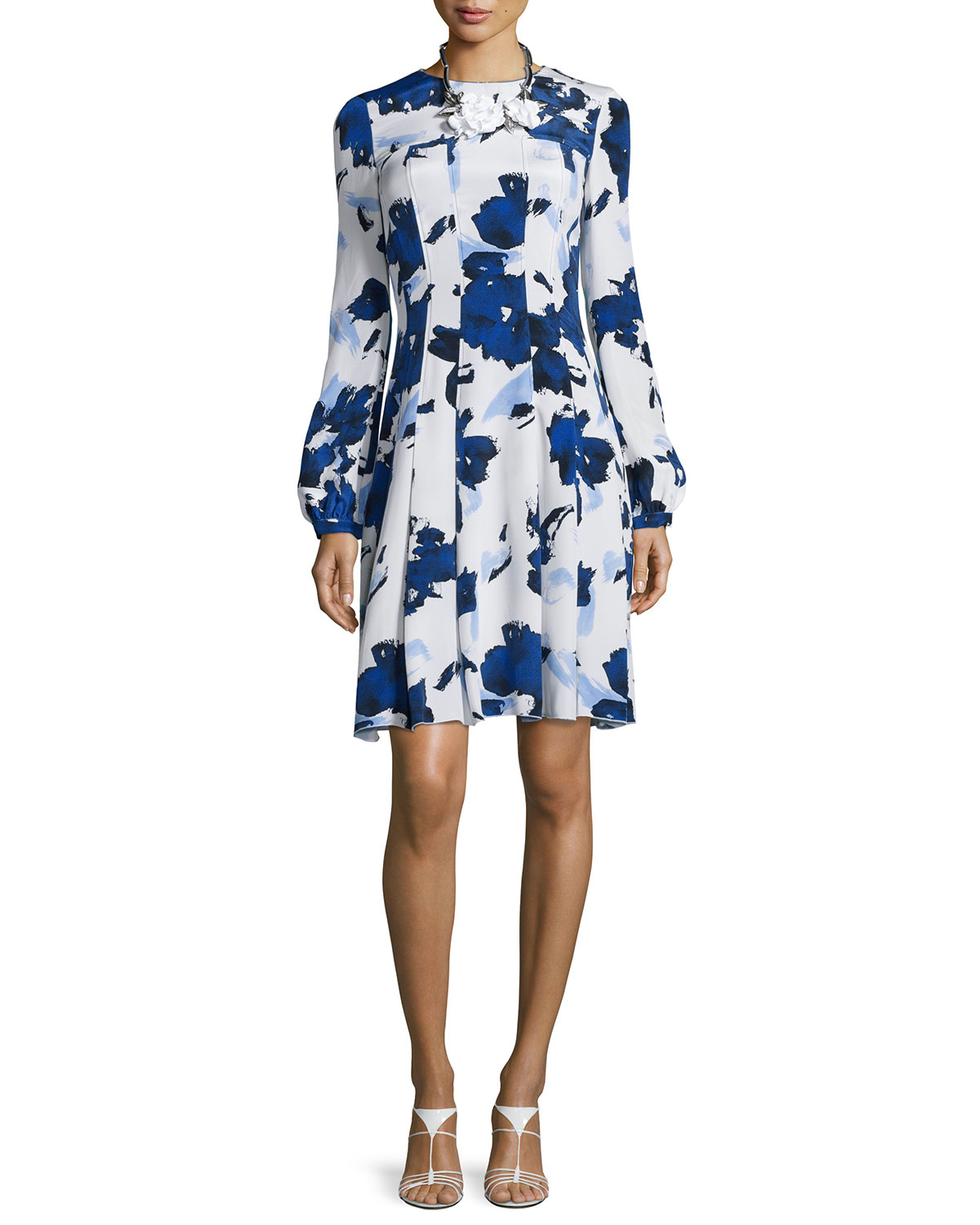 Lyst Oscar De La A Watercolor Print Fit Flare Dress In Blue Gallery