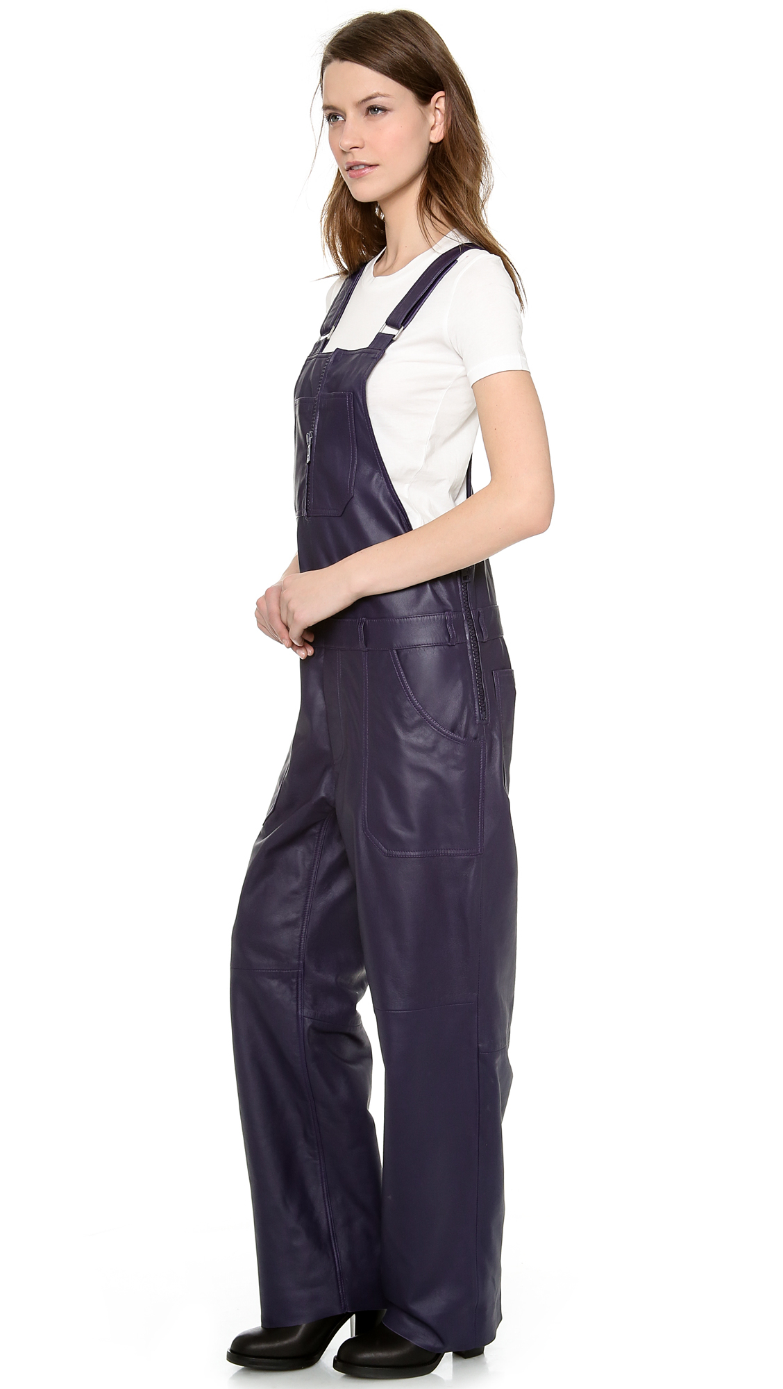 Fashion Strap Diagonal Pocket Leather Jumpsuits Pants