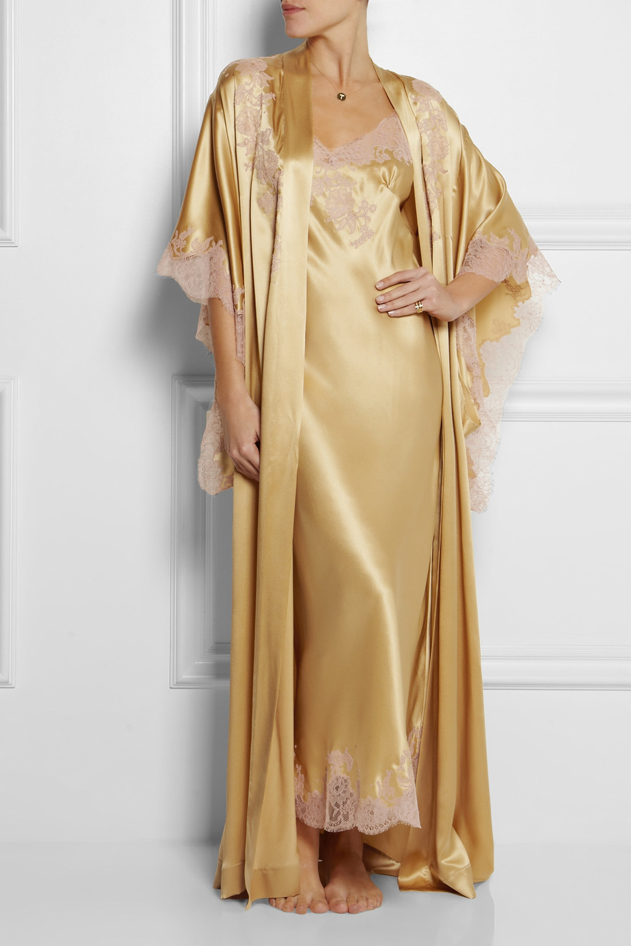 Lyst Carine Gilson Lace Trimmed Silk Satin Mousseliné Robe In Metallic 