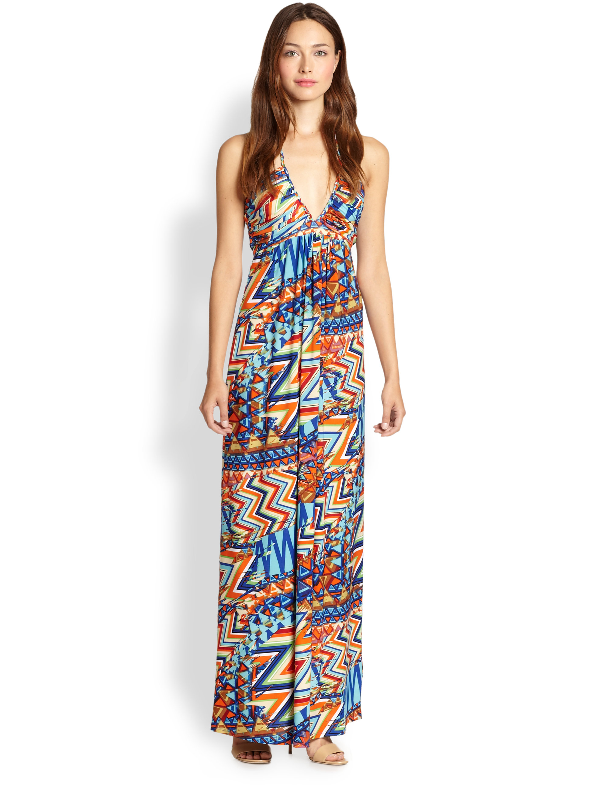 Lyst - T-Bags Timeless Printed Stretch Jersey Halter Maxi Dress in Orange