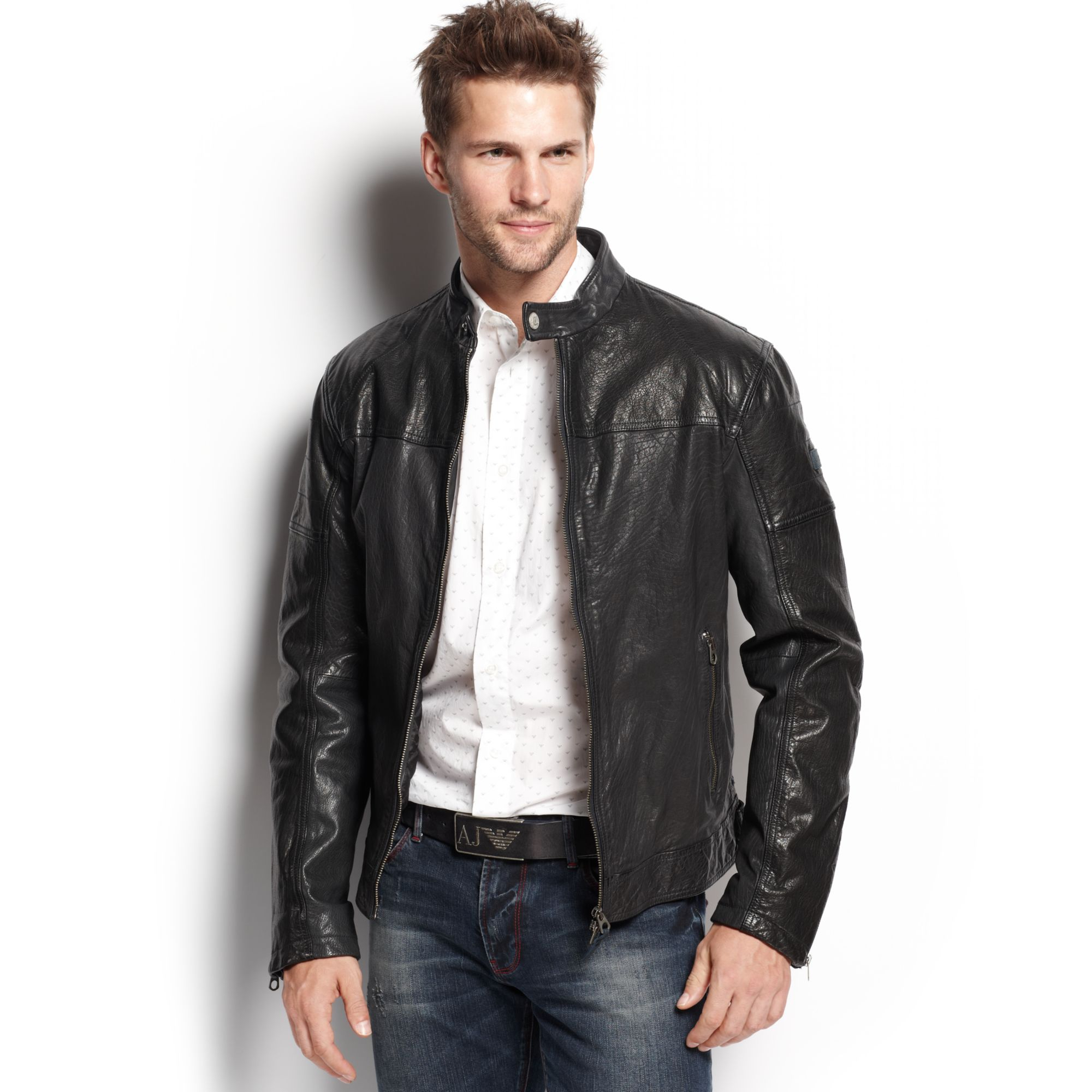 Lyst Armani Jeans Leather Er Jacket In Black For Men Gallery