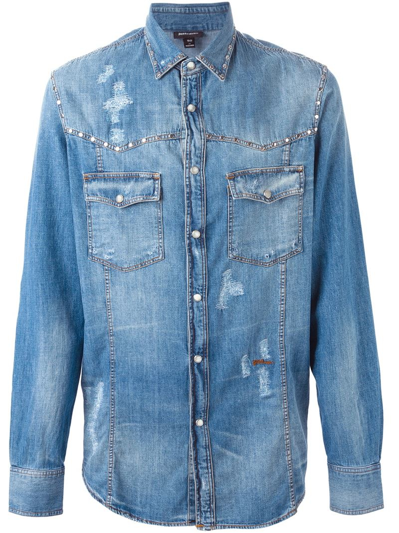 Lyst - Just Cavalli Distressed Denim Shirt in Blue for Men