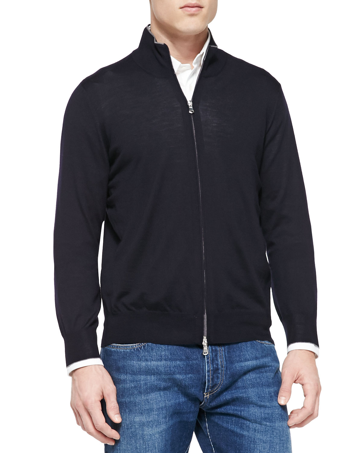 Brunello Cucinelli Fine-gauge Full-zip Sweater in Blue for Men - Lyst