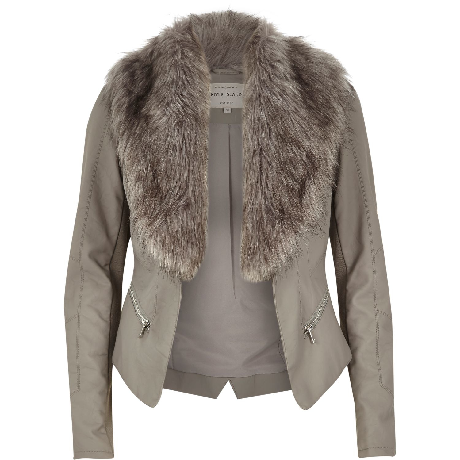 River Island Grey Leather-look Faux Fur Biker Jacket in Gray - Lyst