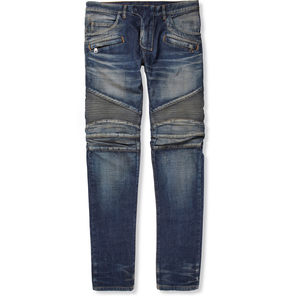 Lyst - Balmain Regularfit Washeddenim Biker Jeans in Blue for Men