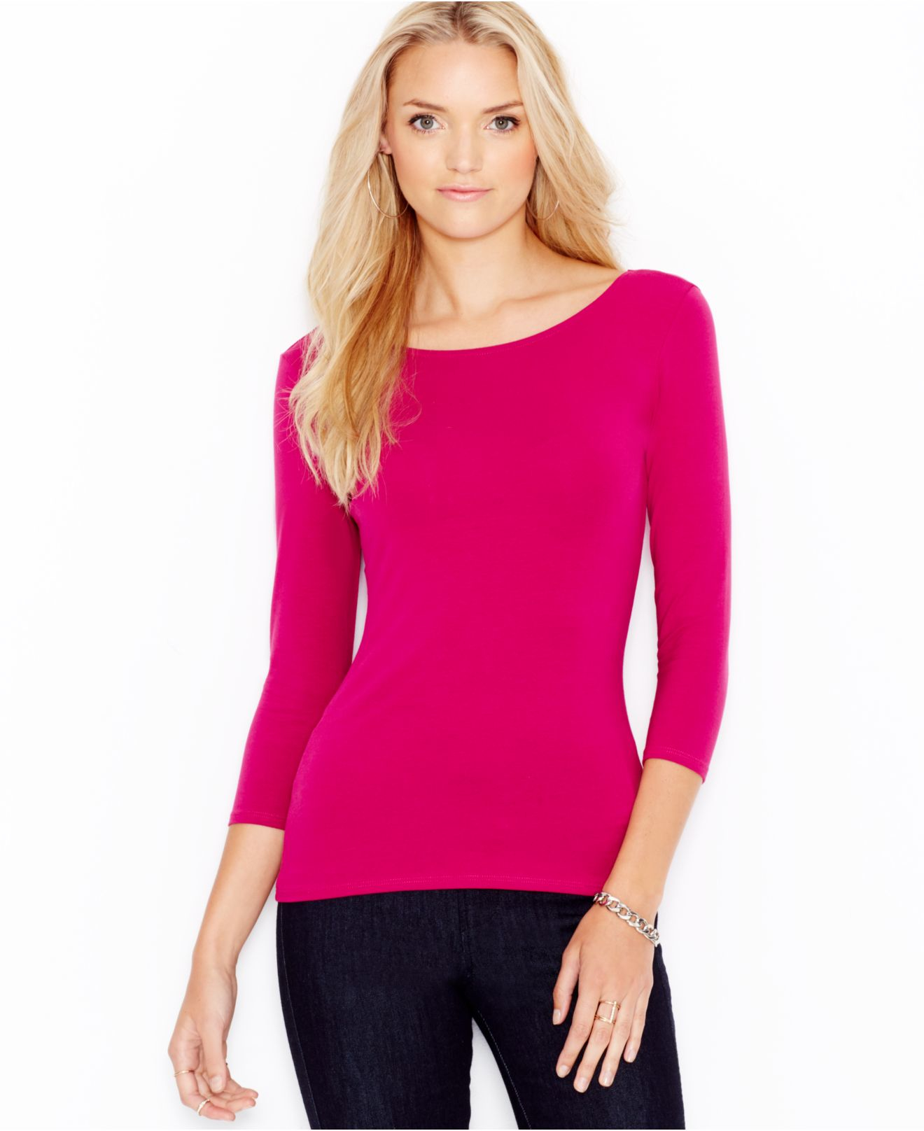 Guess Three-quarter-sleeve Scoop-back Top in Pink | Lyst