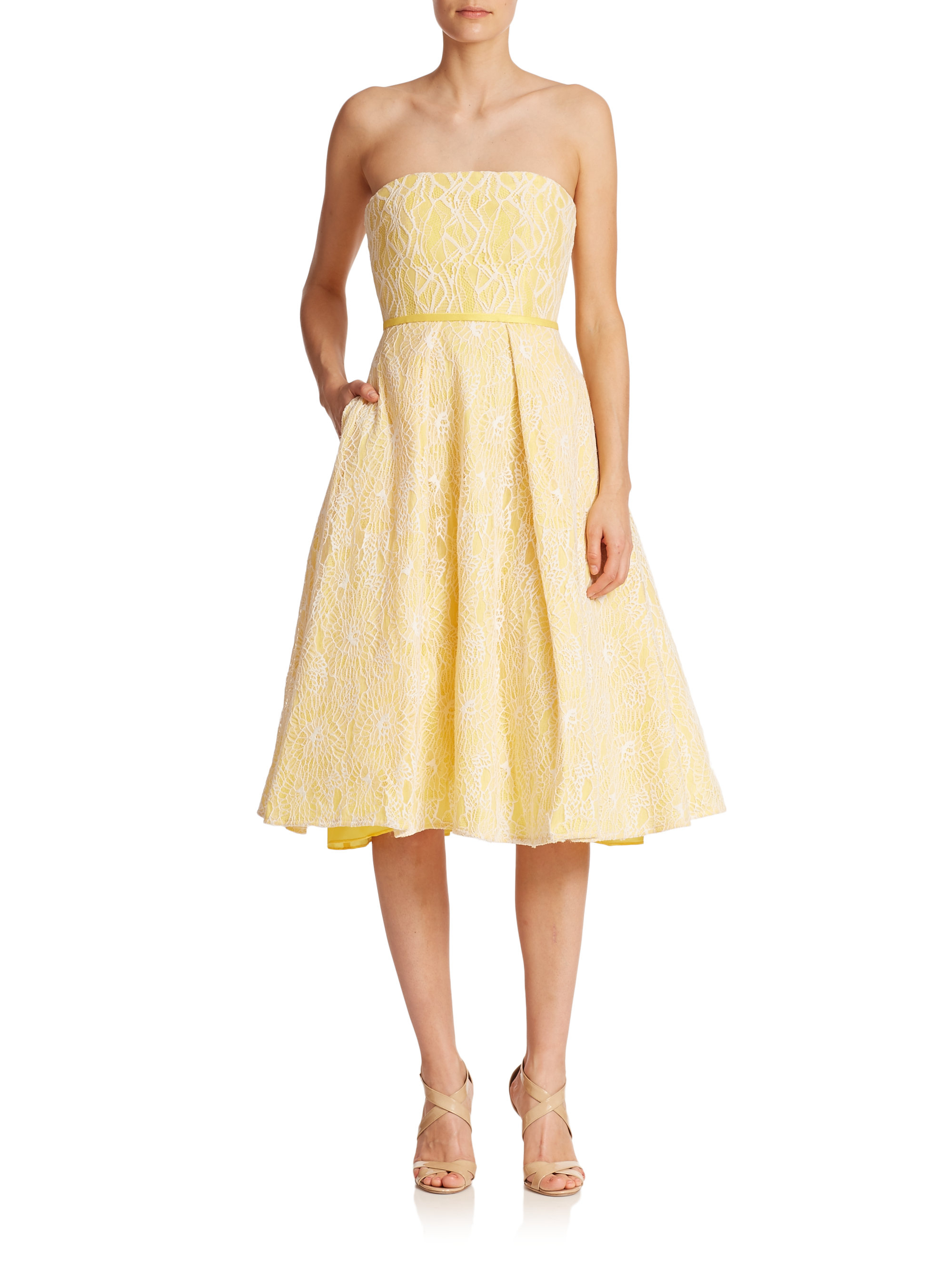 Lyst Ml Monique Lhuillier Strapless Lace Midi Dress In Yellow