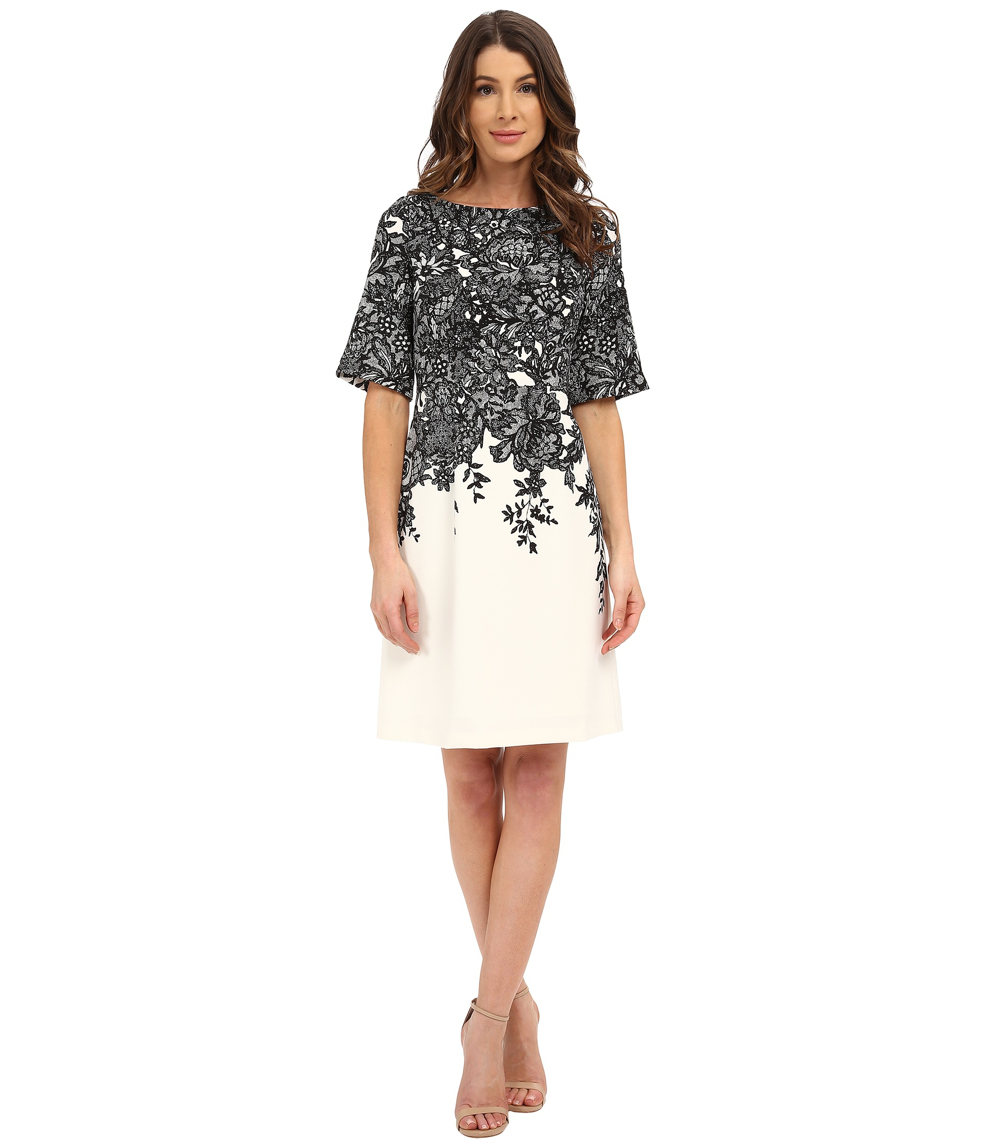 Adrianna papell Elbow Length Bell Sleeve Aline Dress With Lace Print