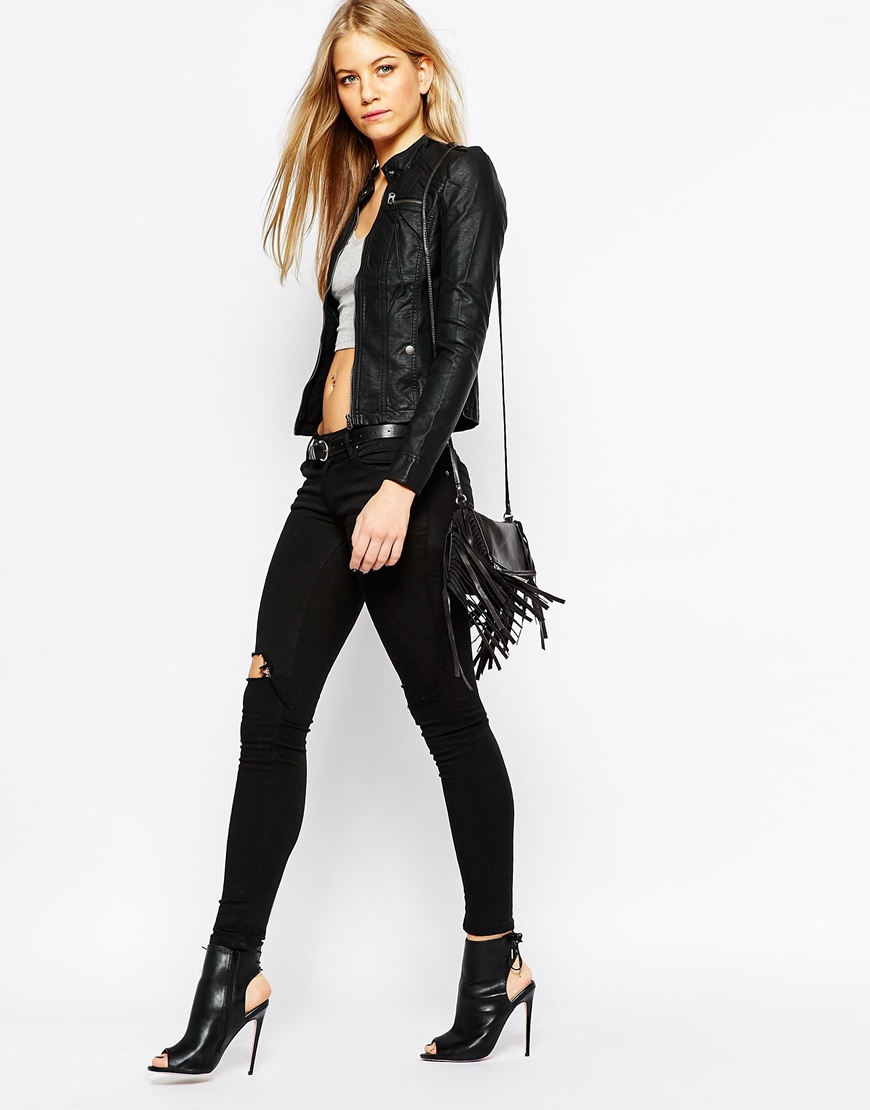 Vero Moda Leather Look Collarless Jacket In Black Lyst Gallery Women S Collarless Leather Jackets
