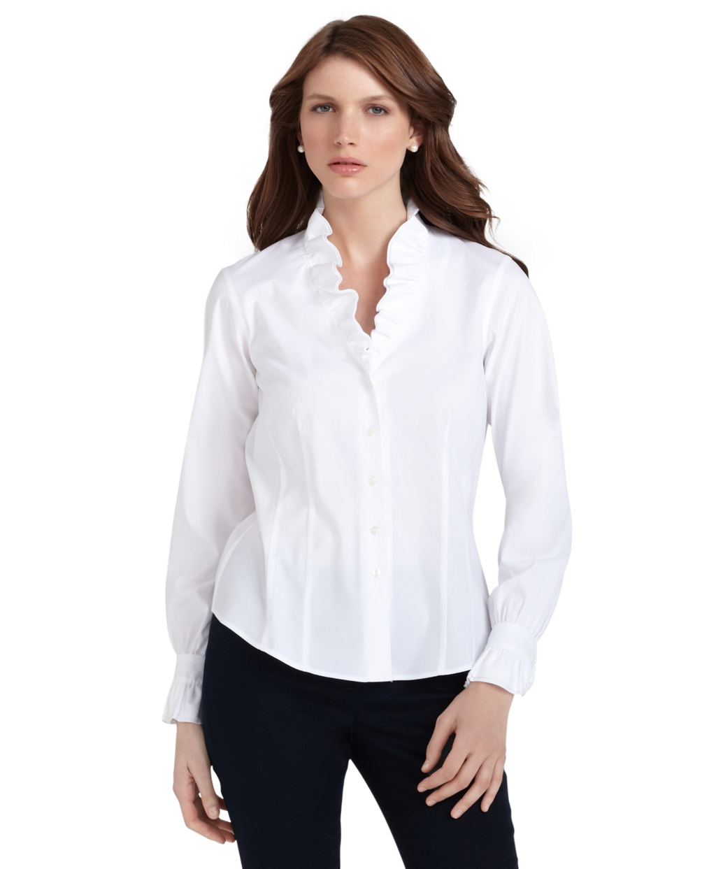 Brooks brothers Petite Non-iron Ruffle Collar Dress Shirt in White | Lyst