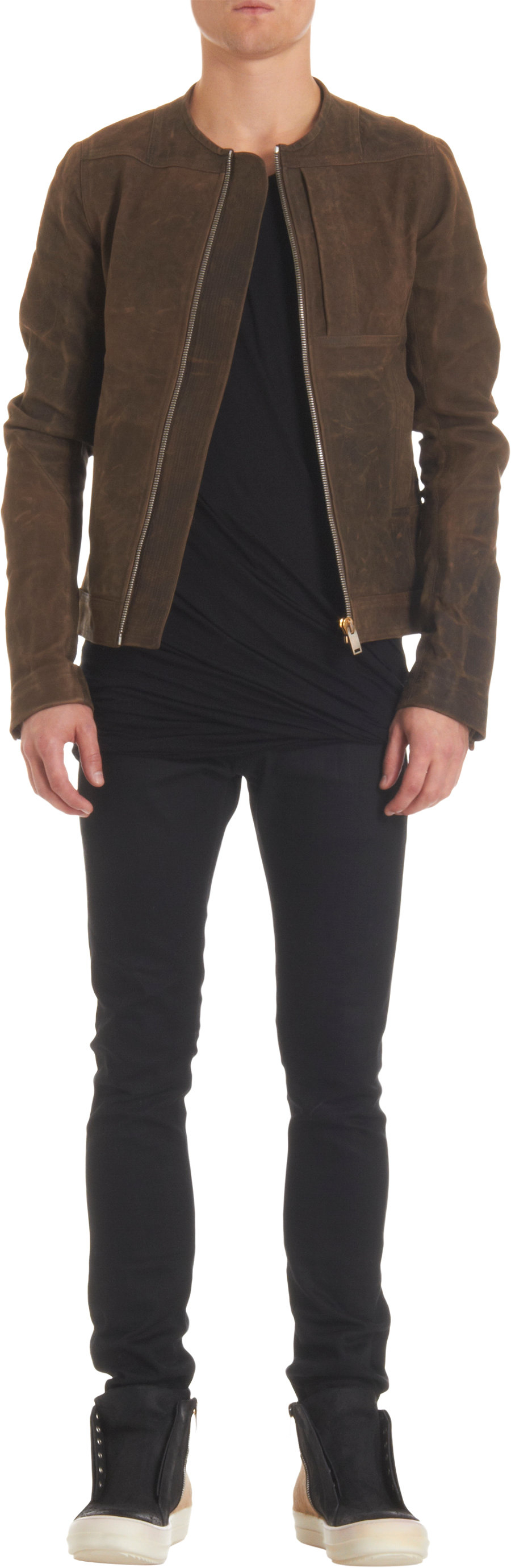 Lyst Rick Owens Stiff Leather Collarless Jacket in Brown for Men