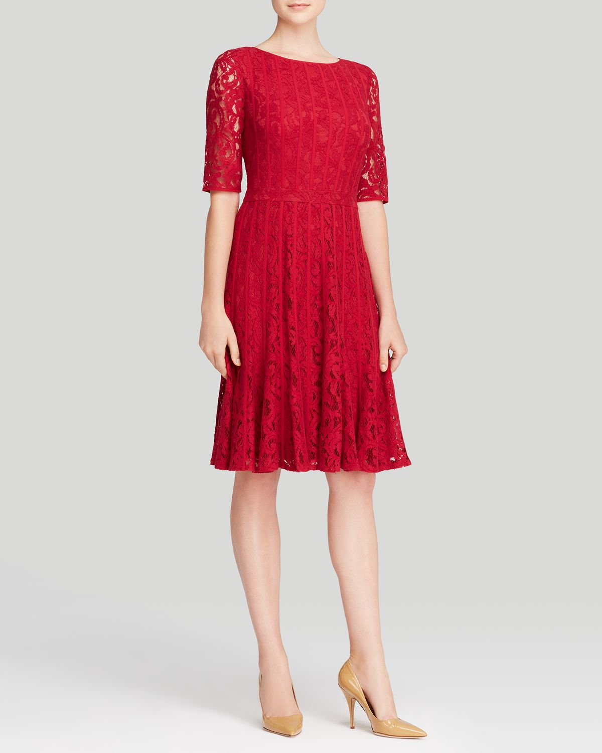 Adrianna Papell Dress - Elbow Sleeve Lace Fit And Flare in Red (Flare ...