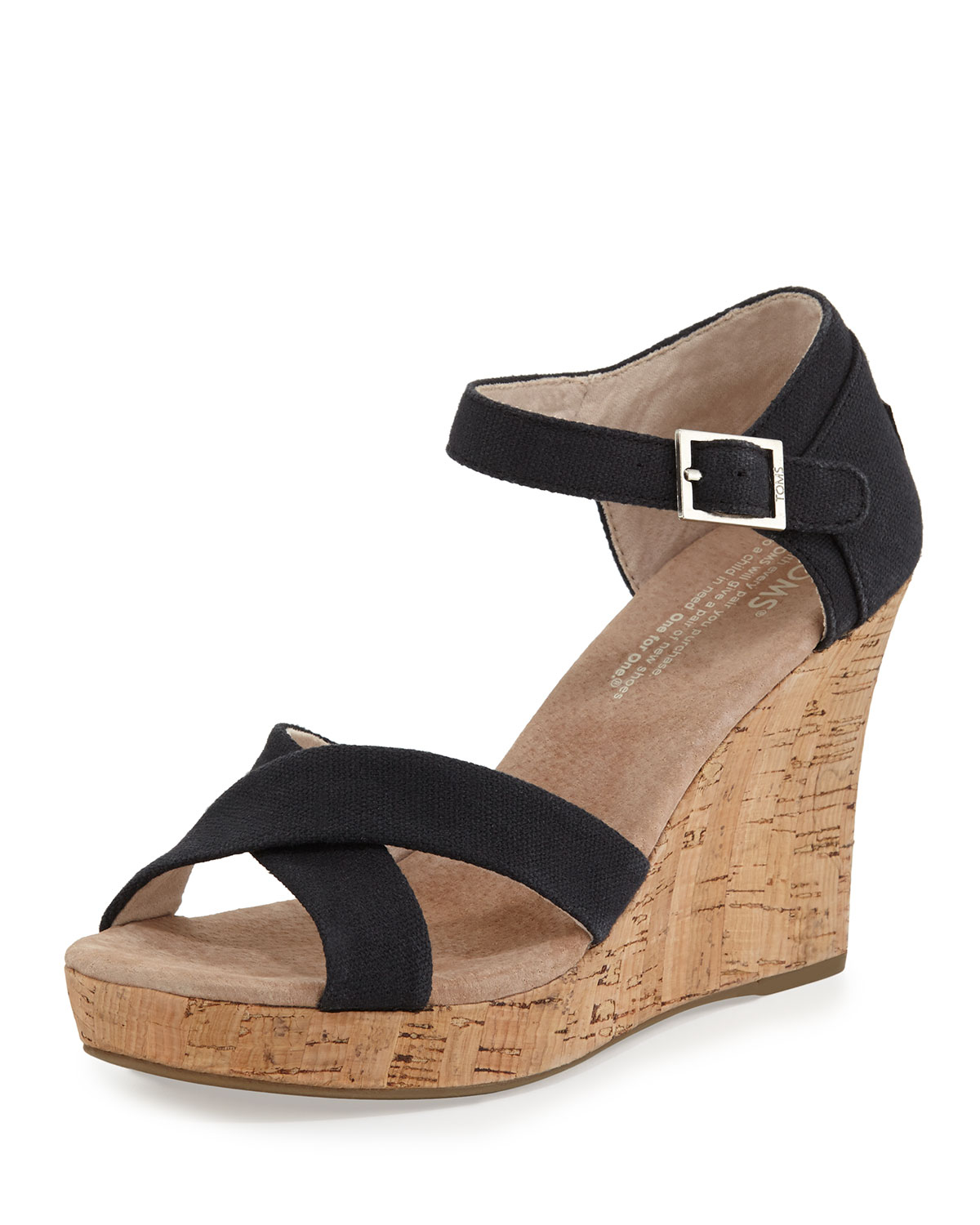 Toms Strappy Canvas Wedge Sandal in Black | Lyst