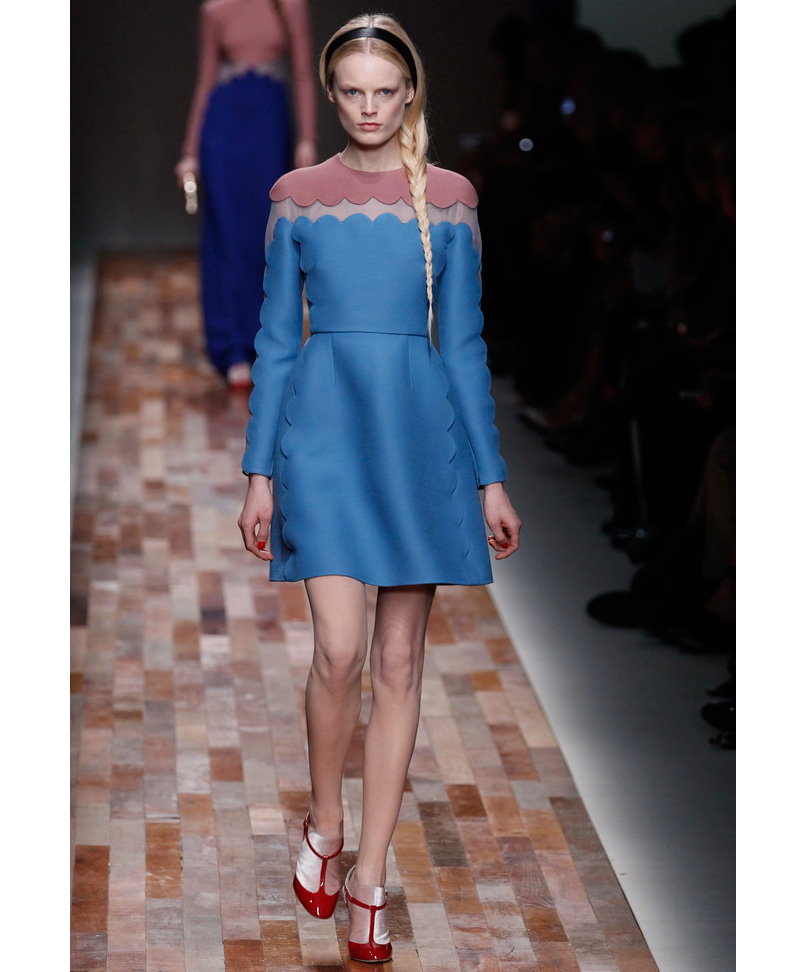 Valentino Scalloped Wool And Silk Dress In Blue Lyst Gallery