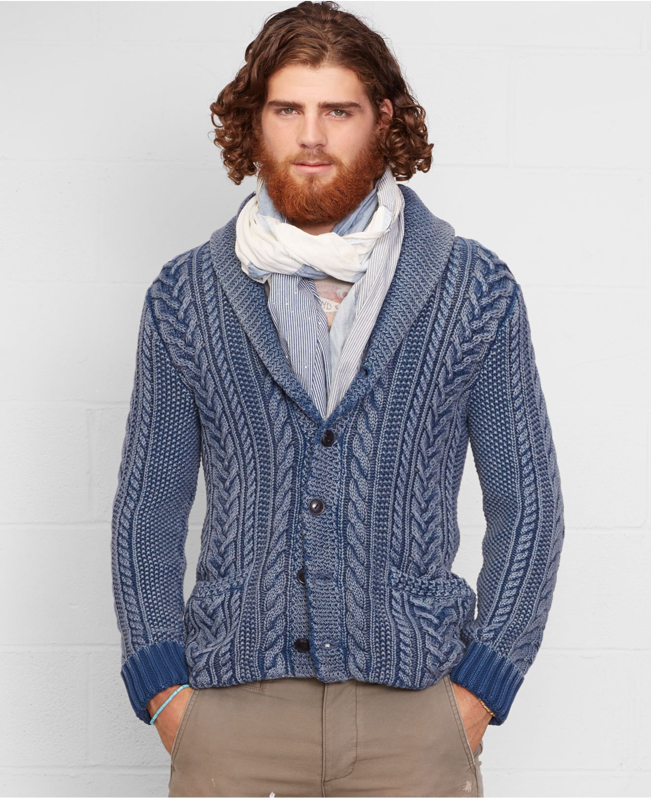 Denim & supply ralph lauren Cable-Knit Shawl Cardigan in Blue for Men ...