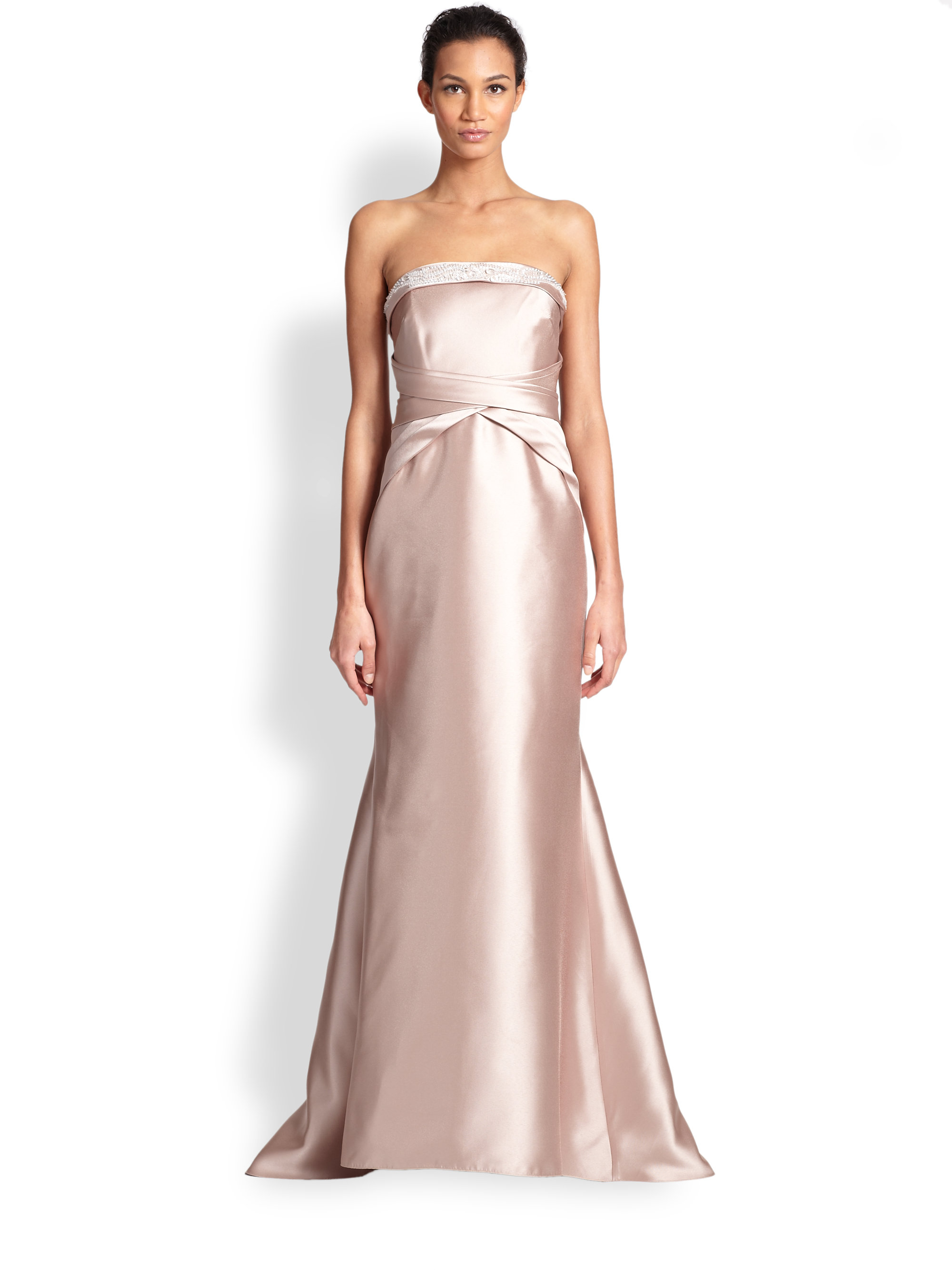 badgley mischka strapless bow front gown