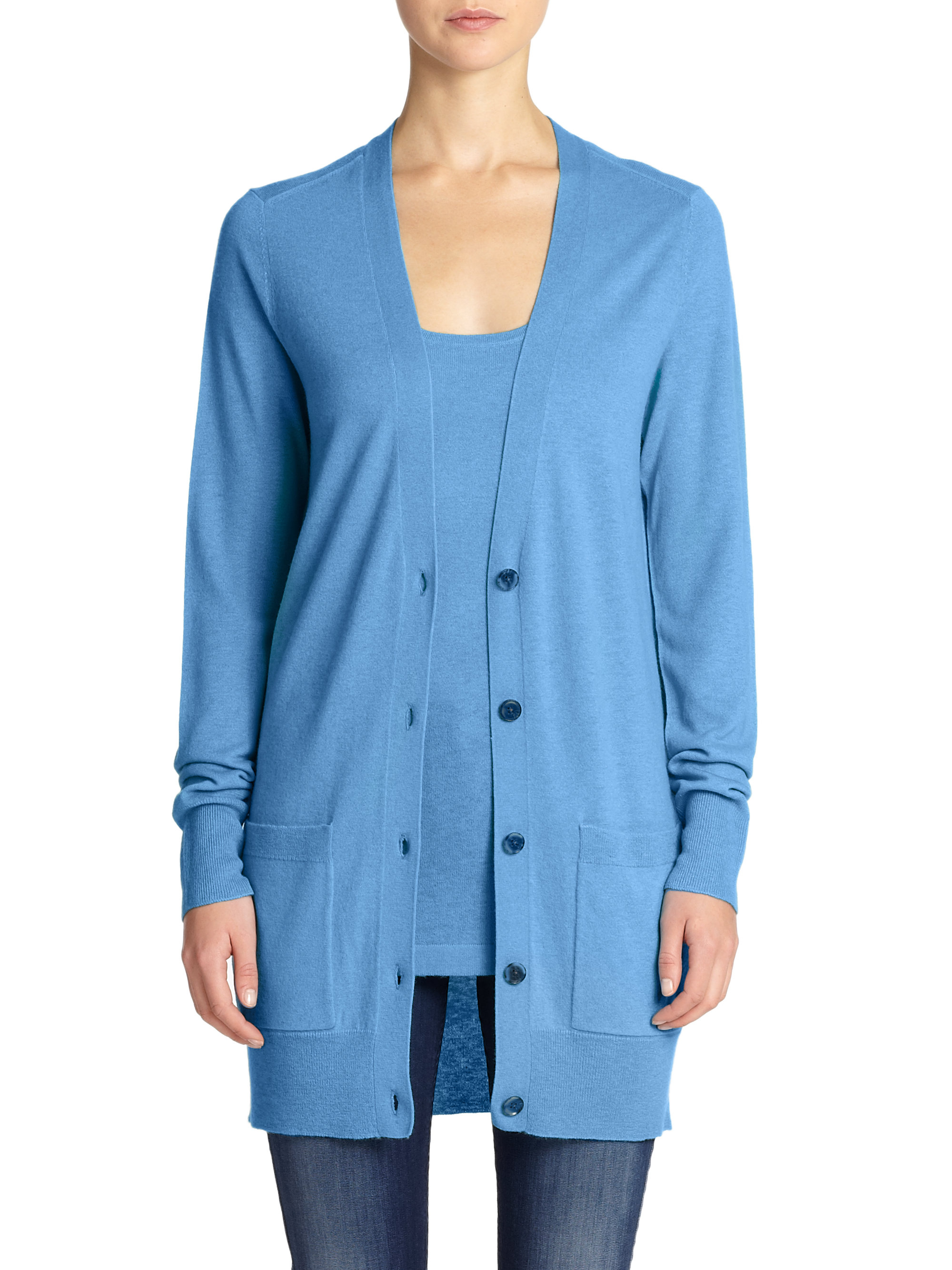 Lyst Saks Fifth Avenue Cashmere Long Cardigan in Blue